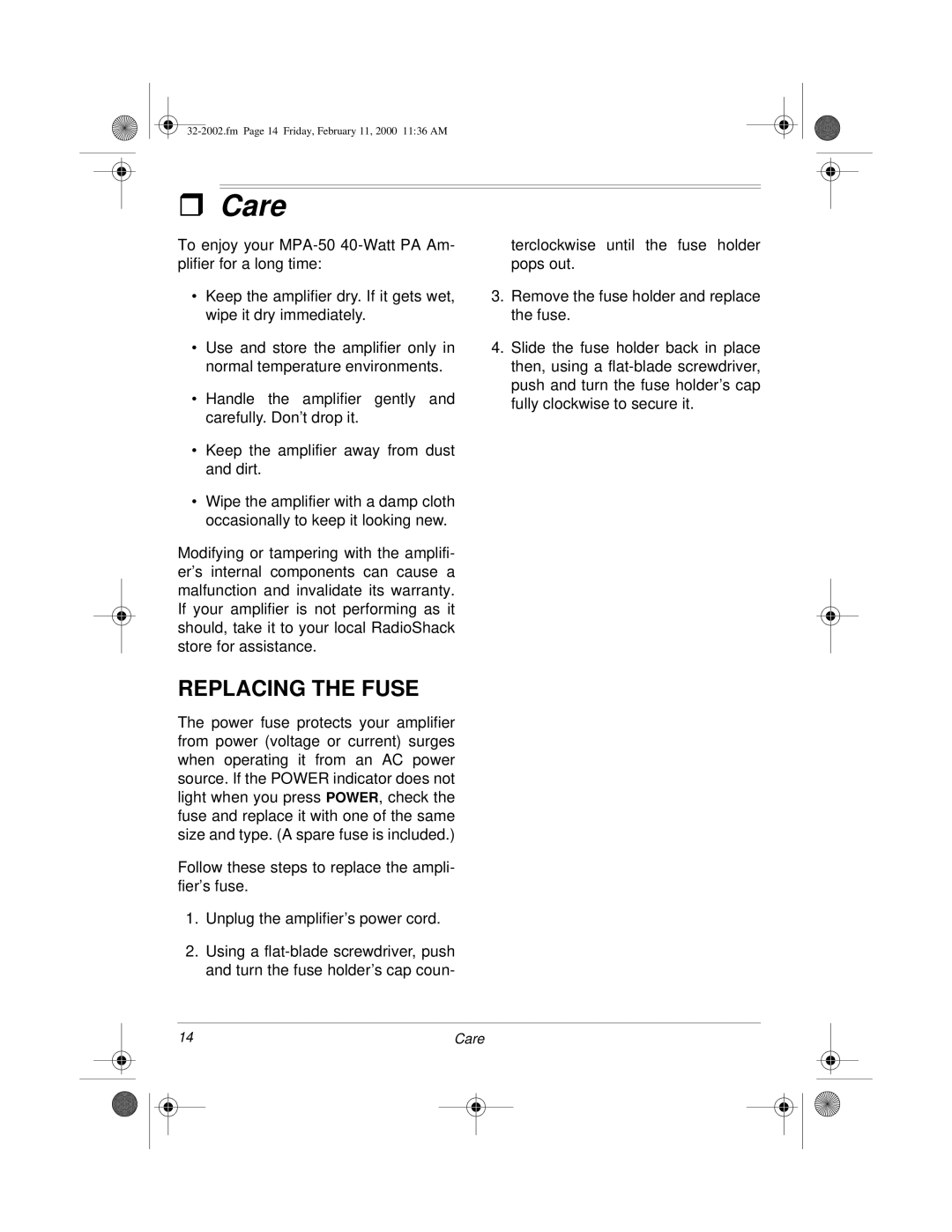 Radio Shack MPA-50 owner manual Care, Replacing the Fuse 