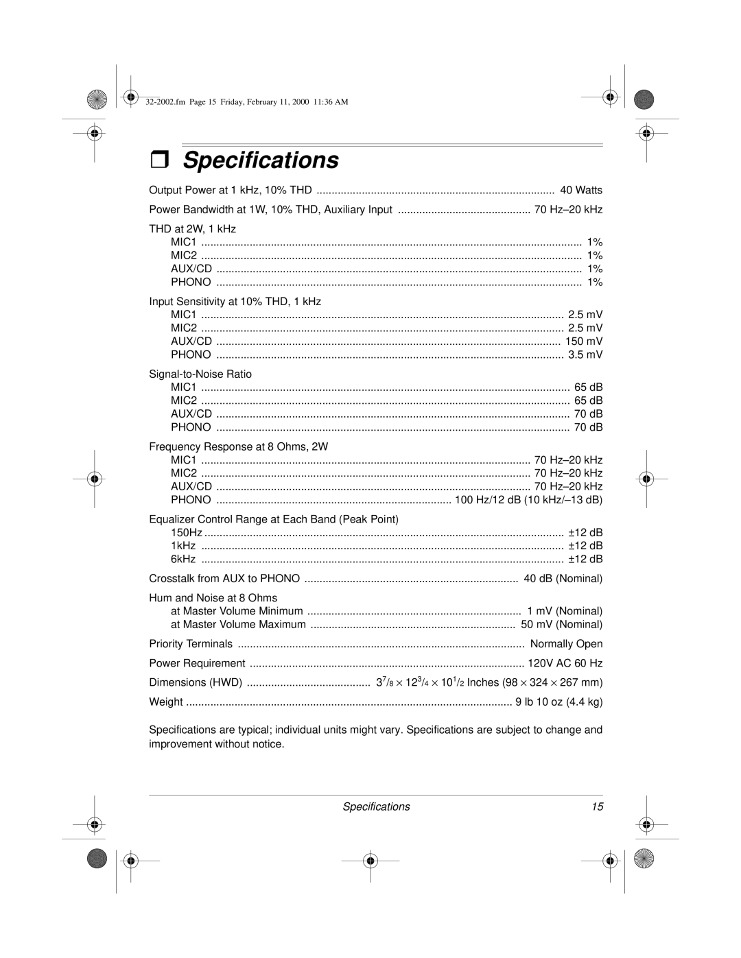 Radio Shack MPA-50 owner manual Specifications, Phono 