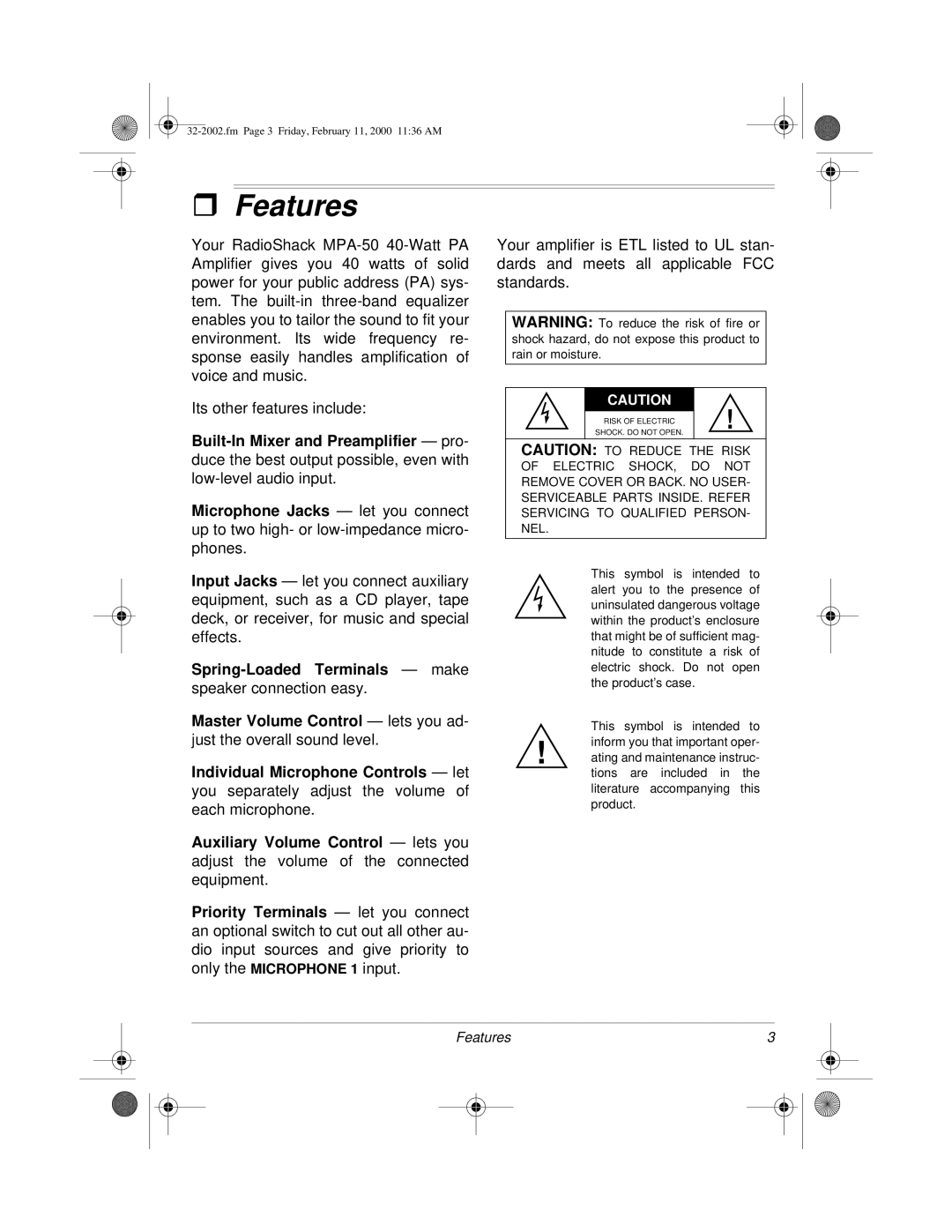 Radio Shack MPA-50 owner manual Features 