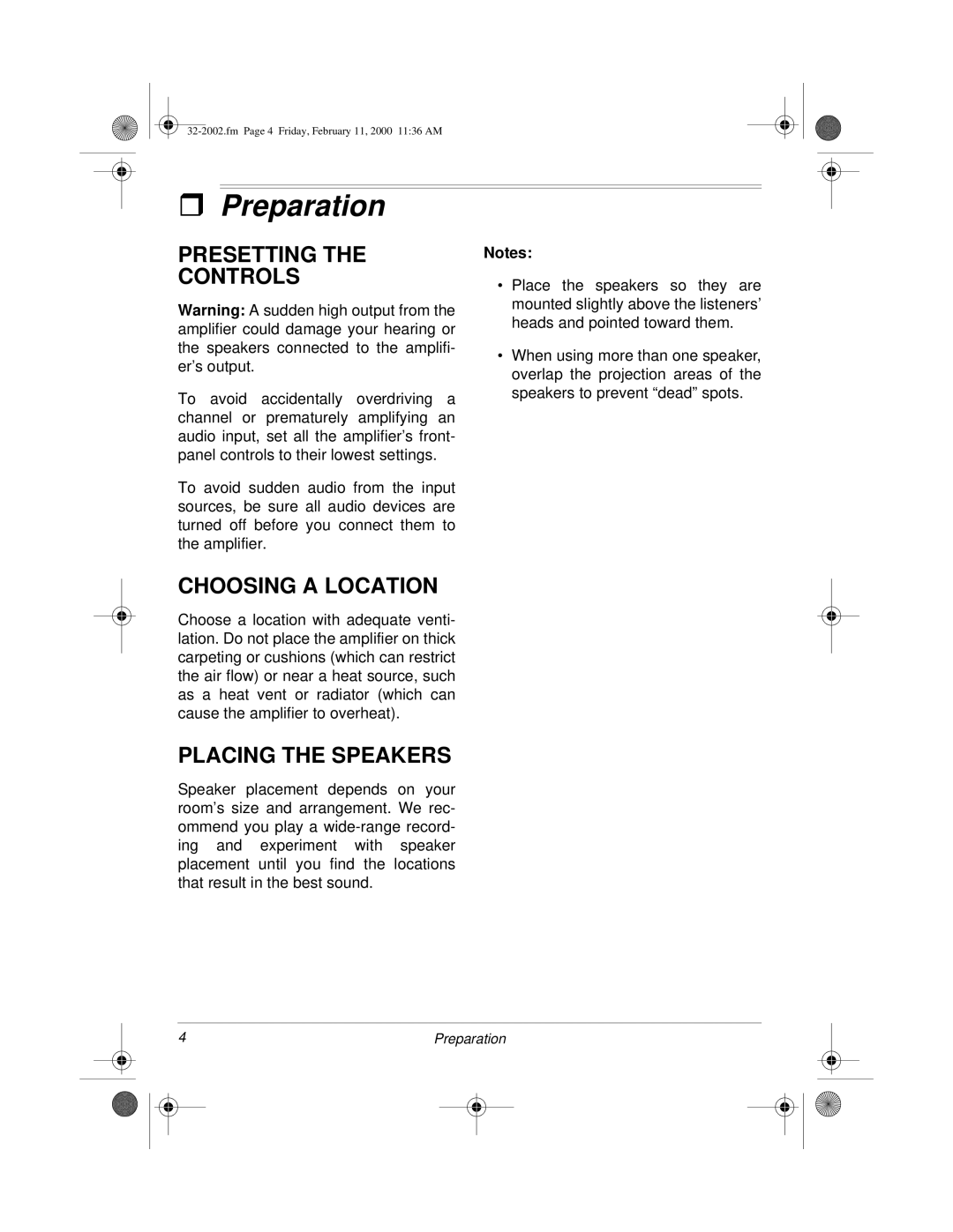 Radio Shack MPA-50 owner manual Preparation, Presetting Controls, Choosing a Location, Placing the Speakers 