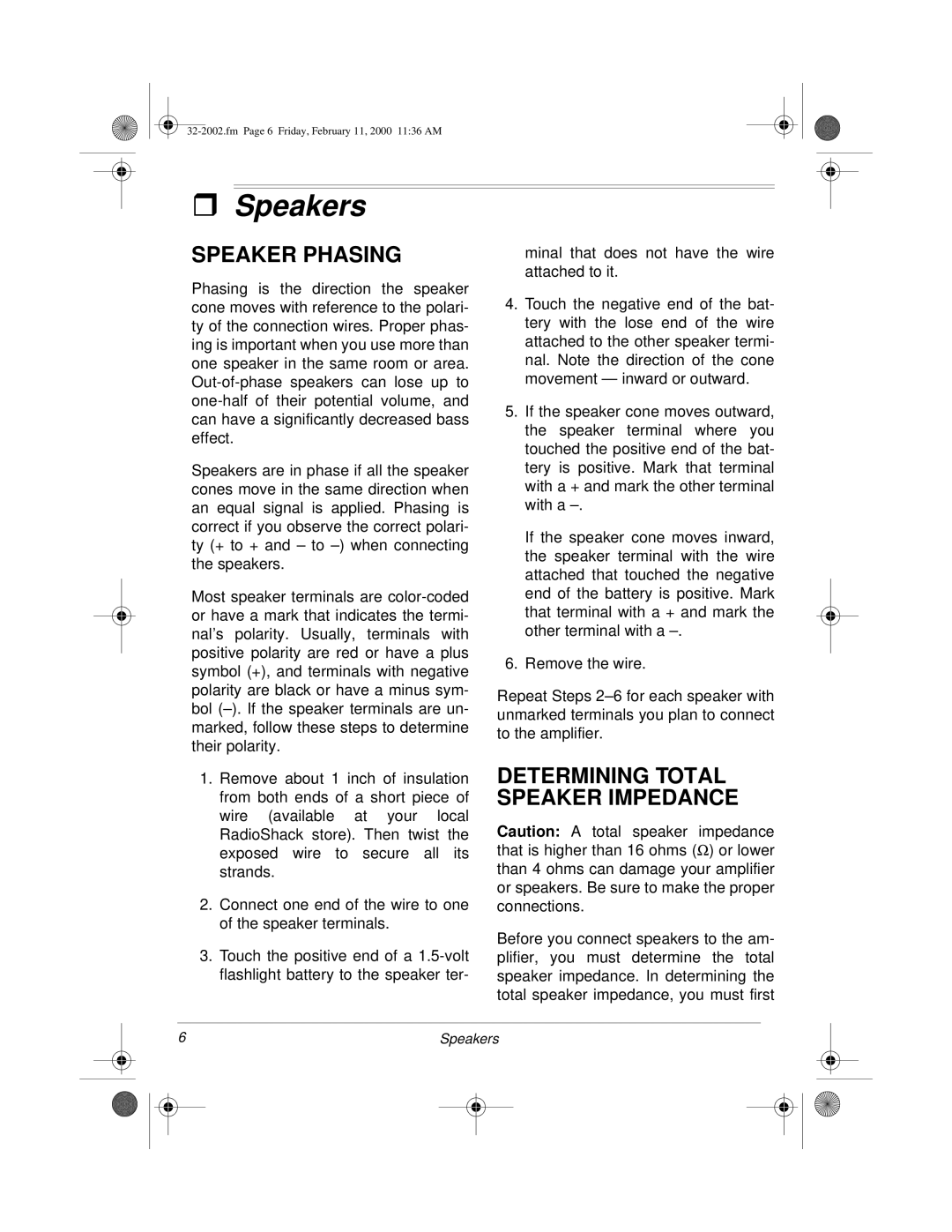 Radio Shack MPA-50 owner manual Speakers, Speaker Phasing, Determining Total Speaker Impedance 