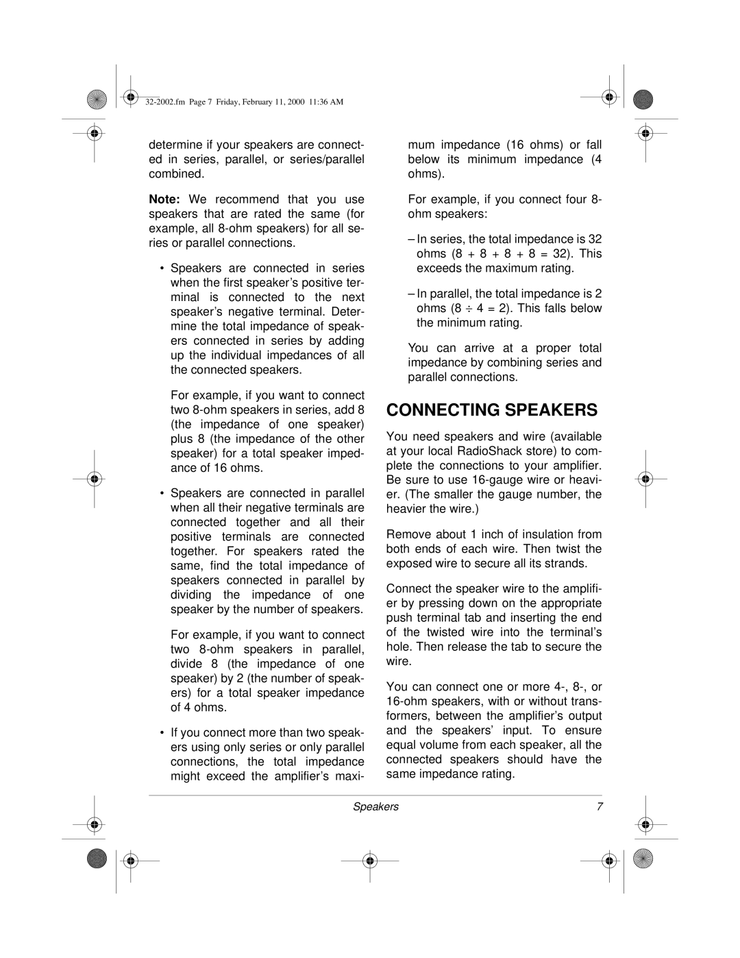 Radio Shack MPA-50 owner manual Connecting Speakers 