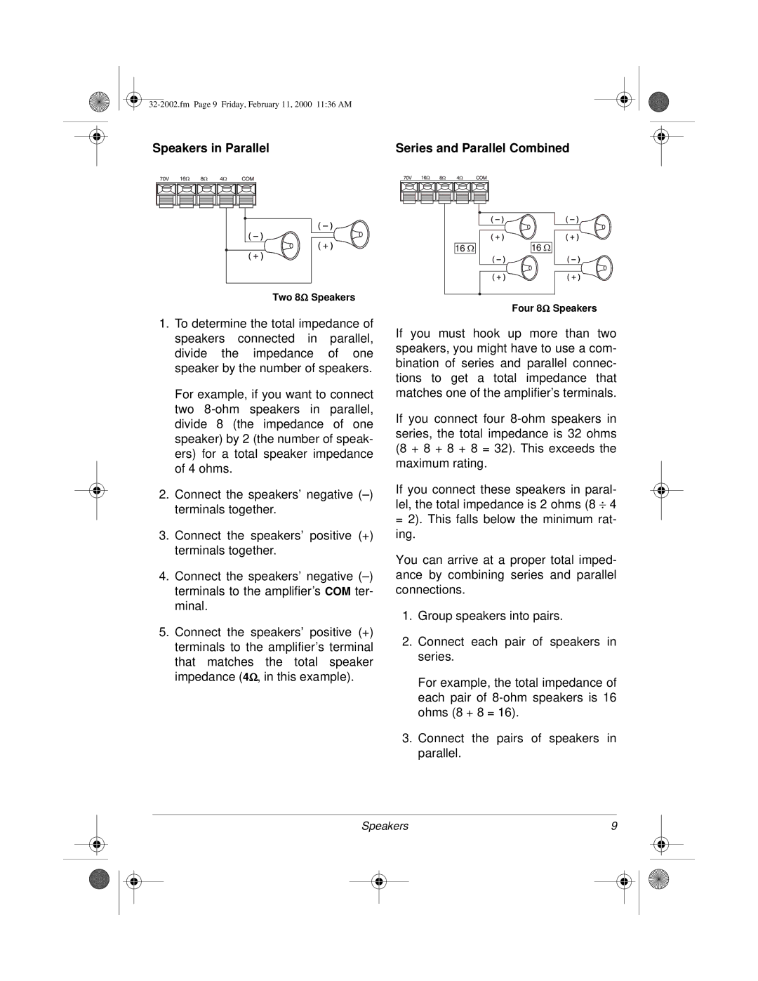 Radio Shack MPA-50 owner manual Speakers in Parallel Series and Parallel Combined 