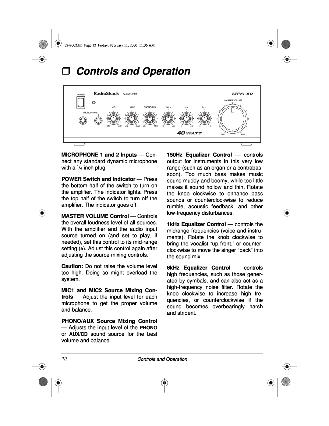 Radio Shack MPA-50 owner manual ˆControls and Operation 