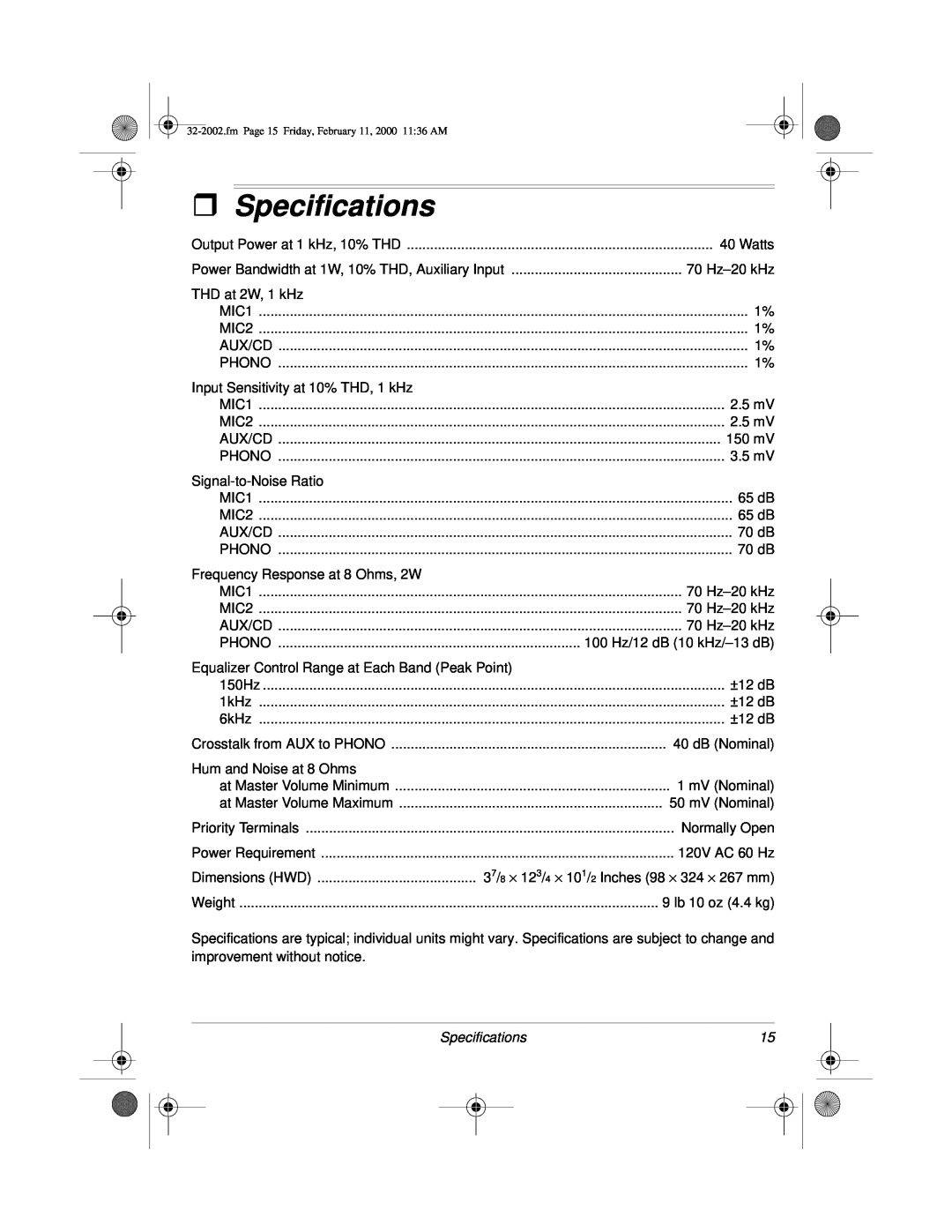 Radio Shack MPA-50 owner manual ˆSpecifications 
