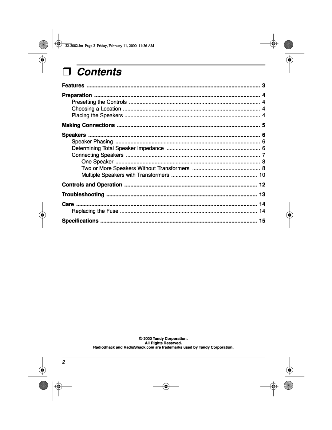Radio Shack MPA-50 owner manual ˆ Contents 