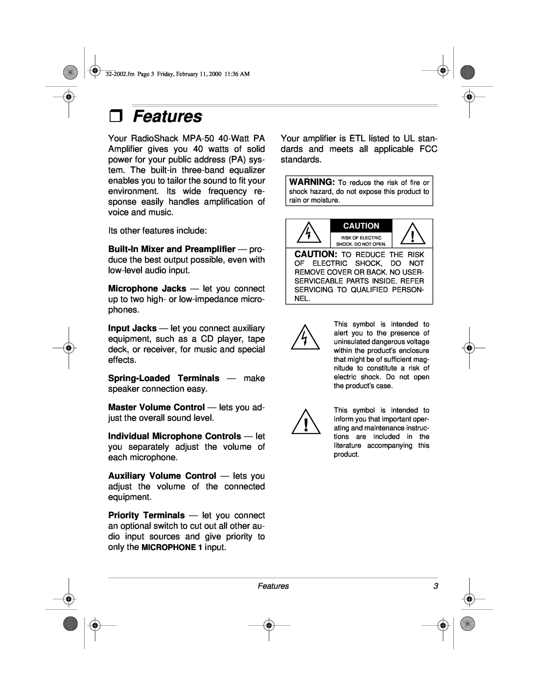 Radio Shack MPA-50 owner manual ˆFeatures 