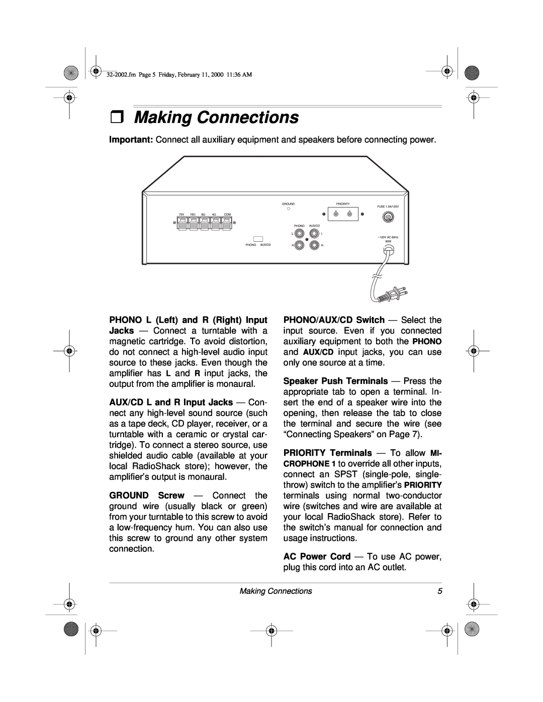 Radio Shack MPA-50 owner manual ˆMaking Connections 