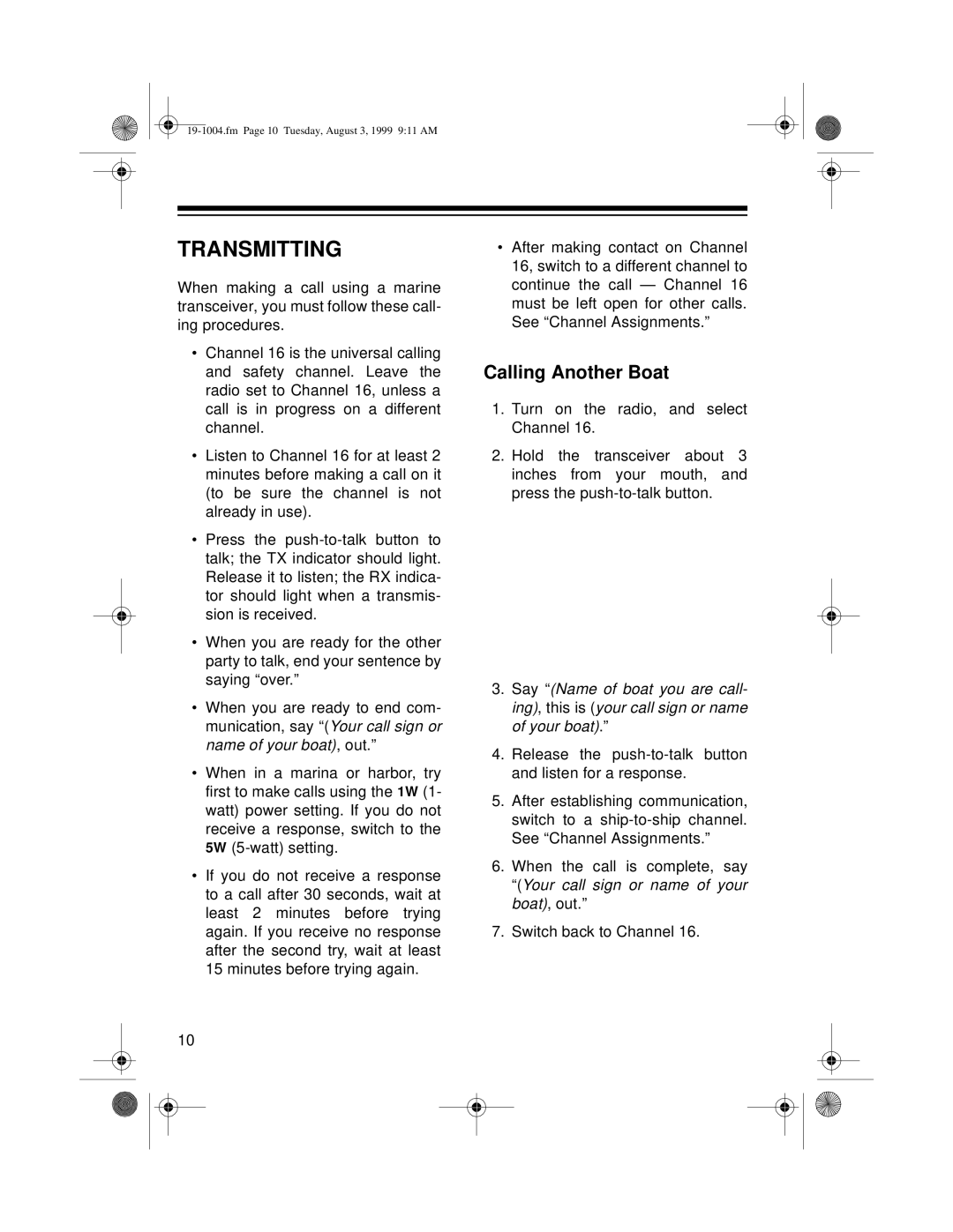 Radio Shack MTX-103 owner manual Transmitting, Calling Another Boat 