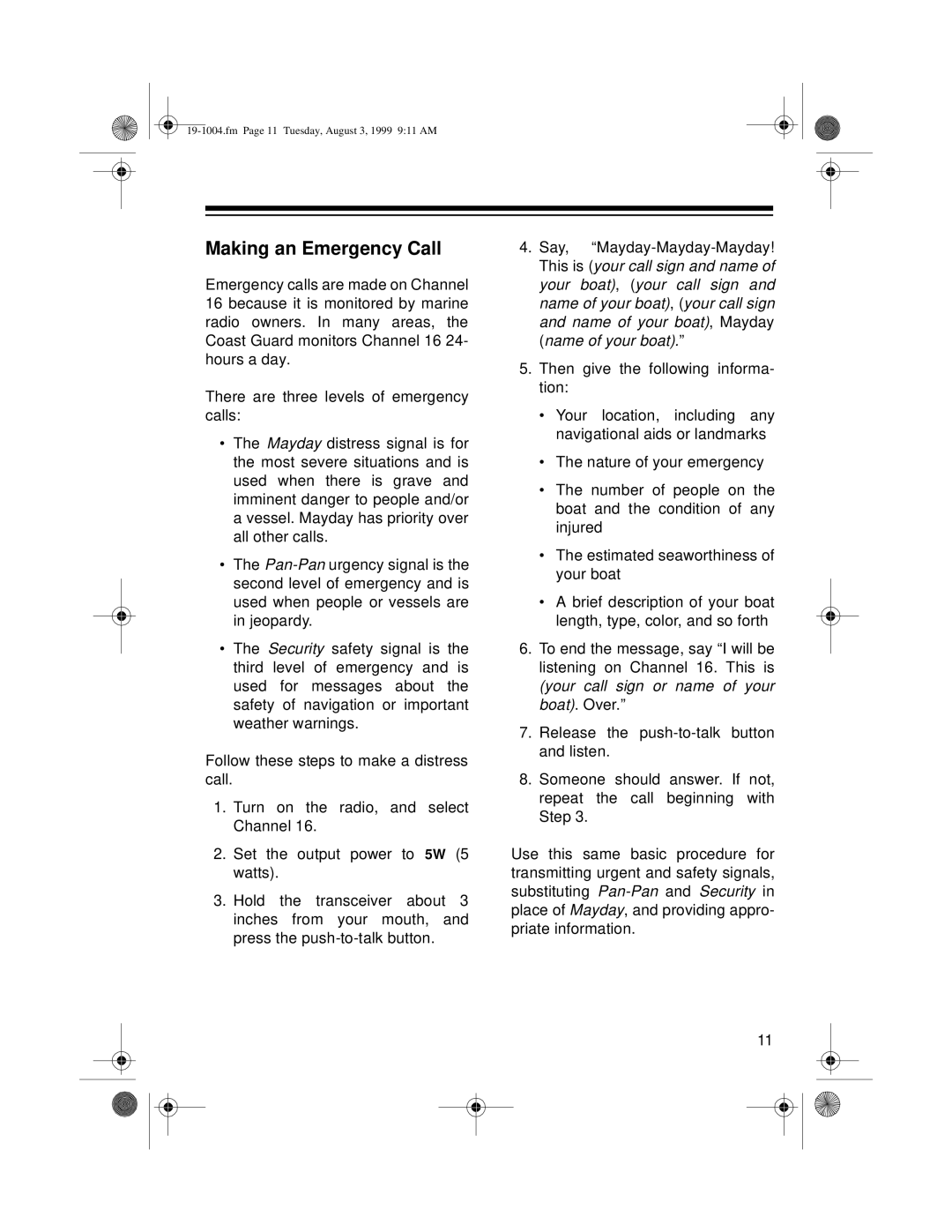 Radio Shack MTX-103 owner manual Making an Emergency Call 