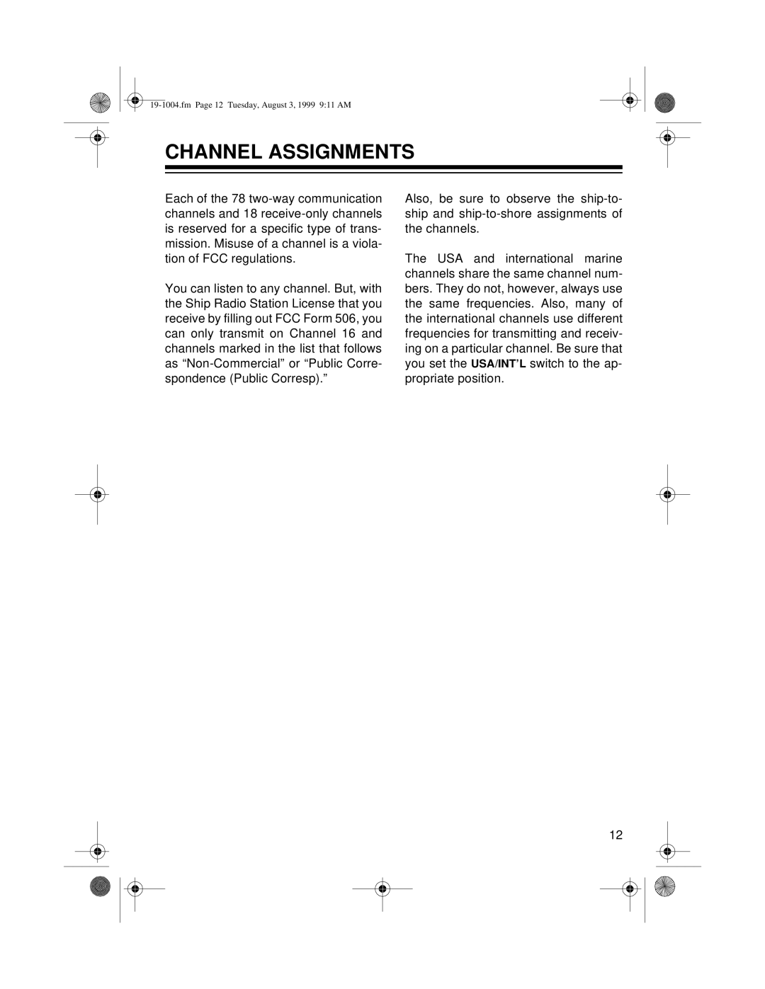 Radio Shack MTX-103 owner manual Channel Assignments 