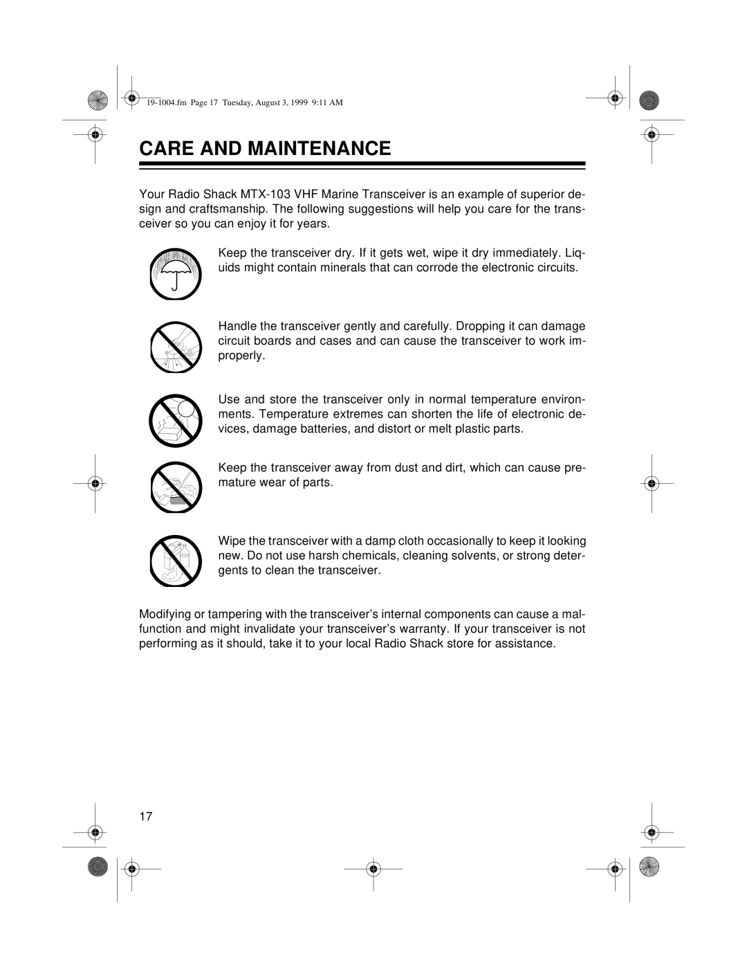 Radio Shack MTX-103 owner manual Care and Maintenance 