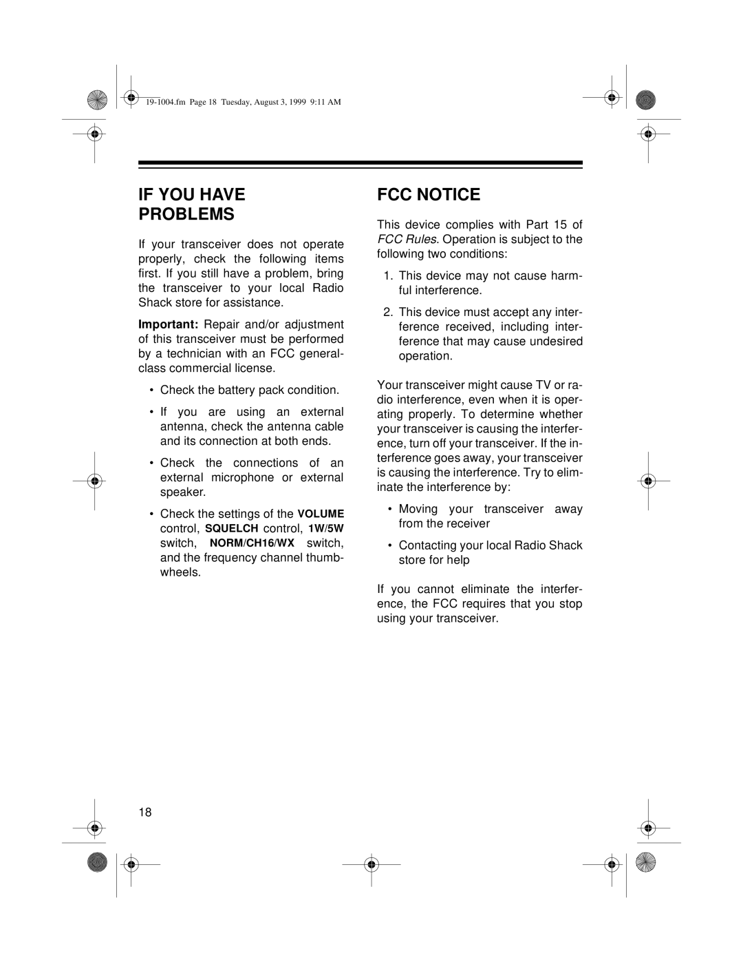 Radio Shack MTX-103 owner manual If YOU have Problems, FCC Notice 