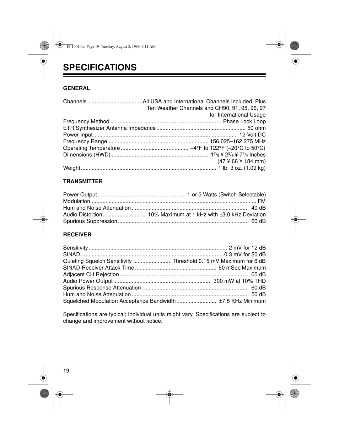 Radio Shack MTX-103 owner manual Specifications, General 