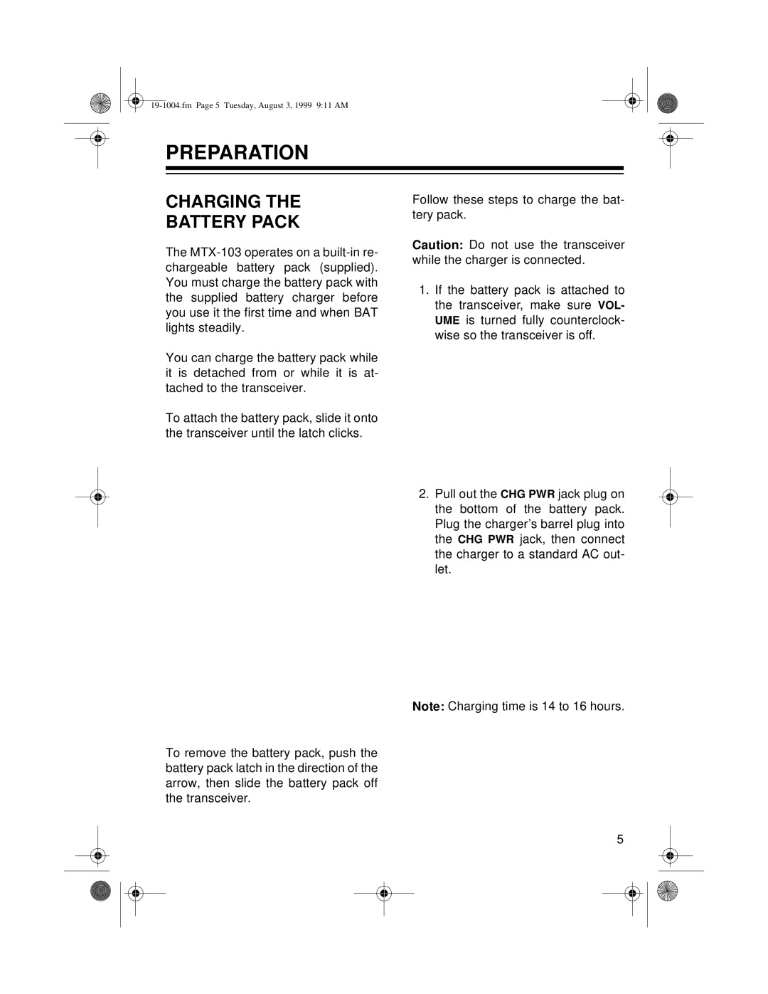 Radio Shack MTX-103 owner manual Preparation, Charging Battery Pack 