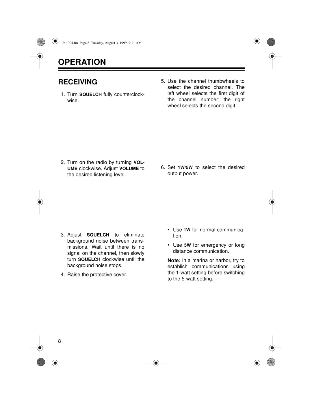 Radio Shack MTX-103 owner manual Operation, Receiving 