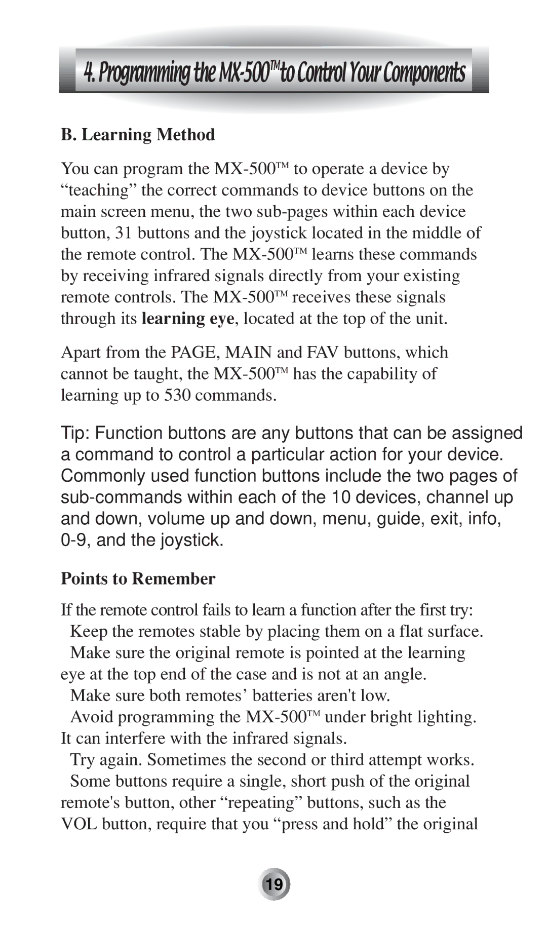 Radio Shack MX-500TM manual Learning Method, Points to Remember 