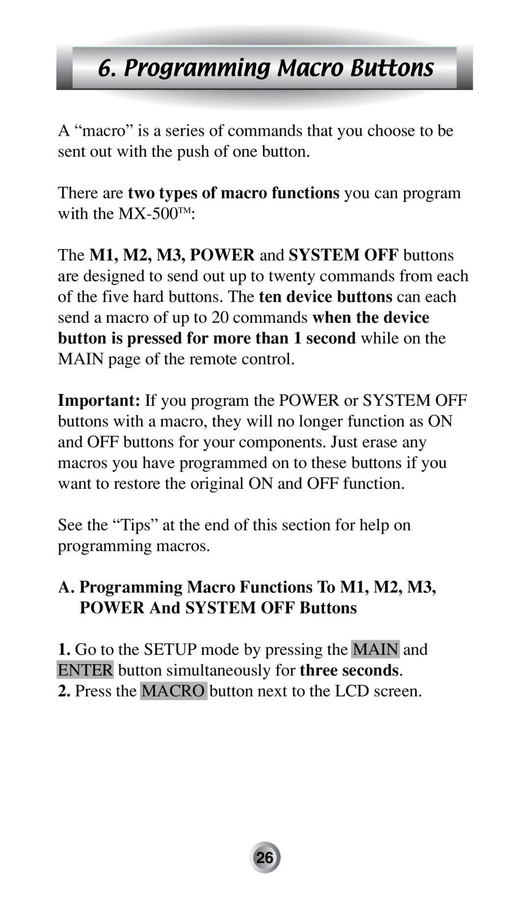 Radio Shack MX-500TM manual Programming Macro Buttons 