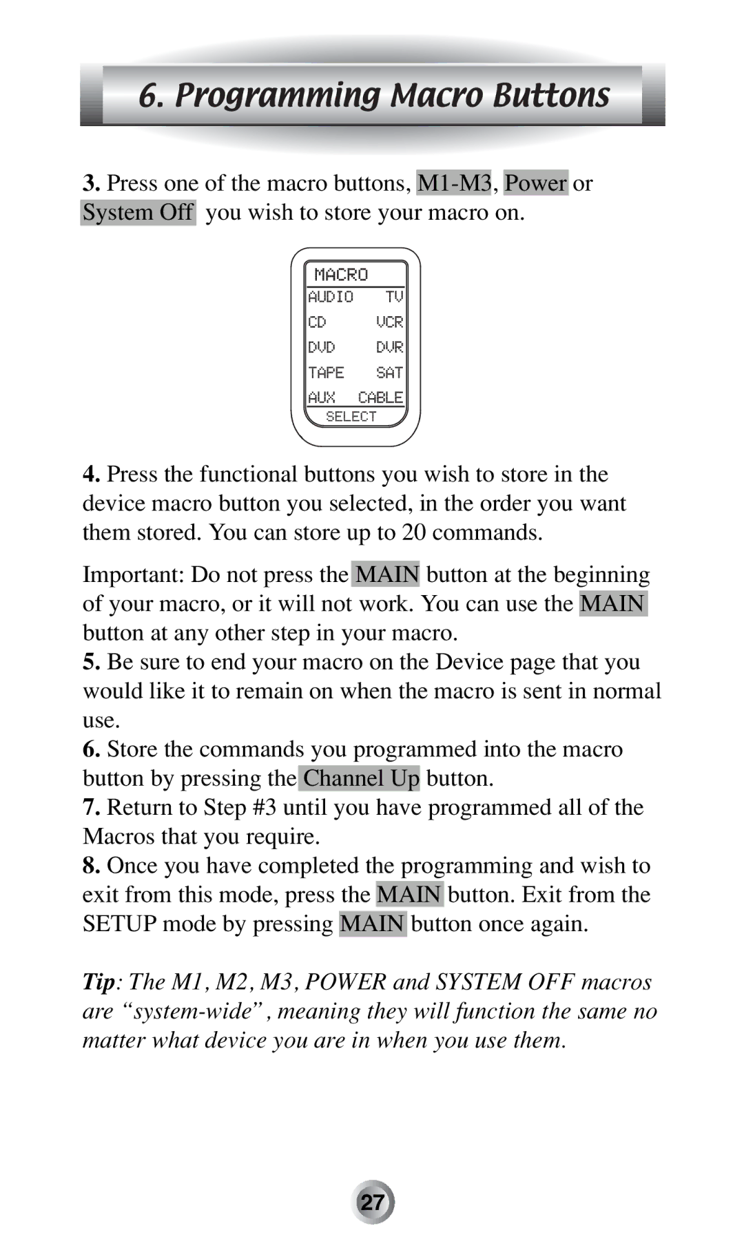 Radio Shack MX-500TM manual Programming Macro Buttons 