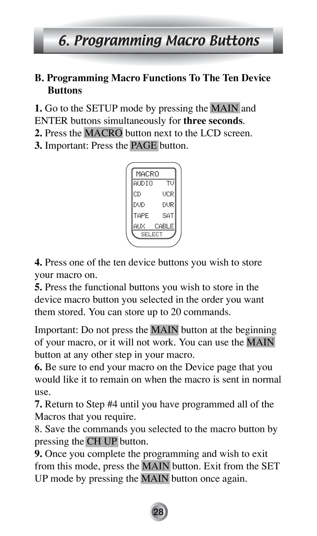 Radio Shack MX-500TM manual Programming Macro Functions To The Ten Device Buttons 