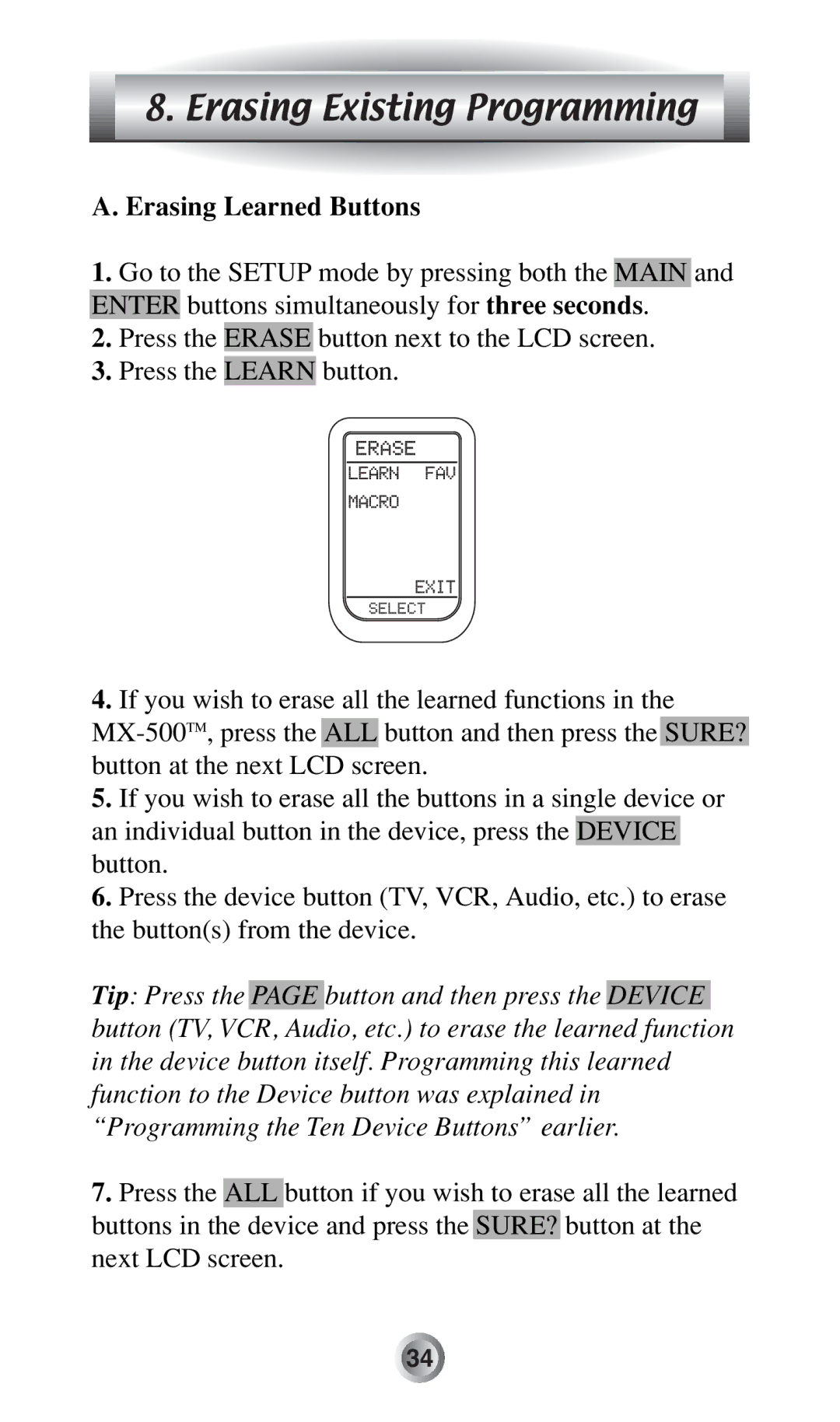 Radio Shack MX-500TM manual Erasing Existing Programming, Erasing Learned Buttons 