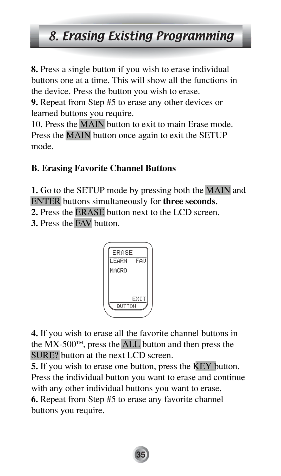 Radio Shack MX-500TM manual Erasing Favorite Channel Buttons 