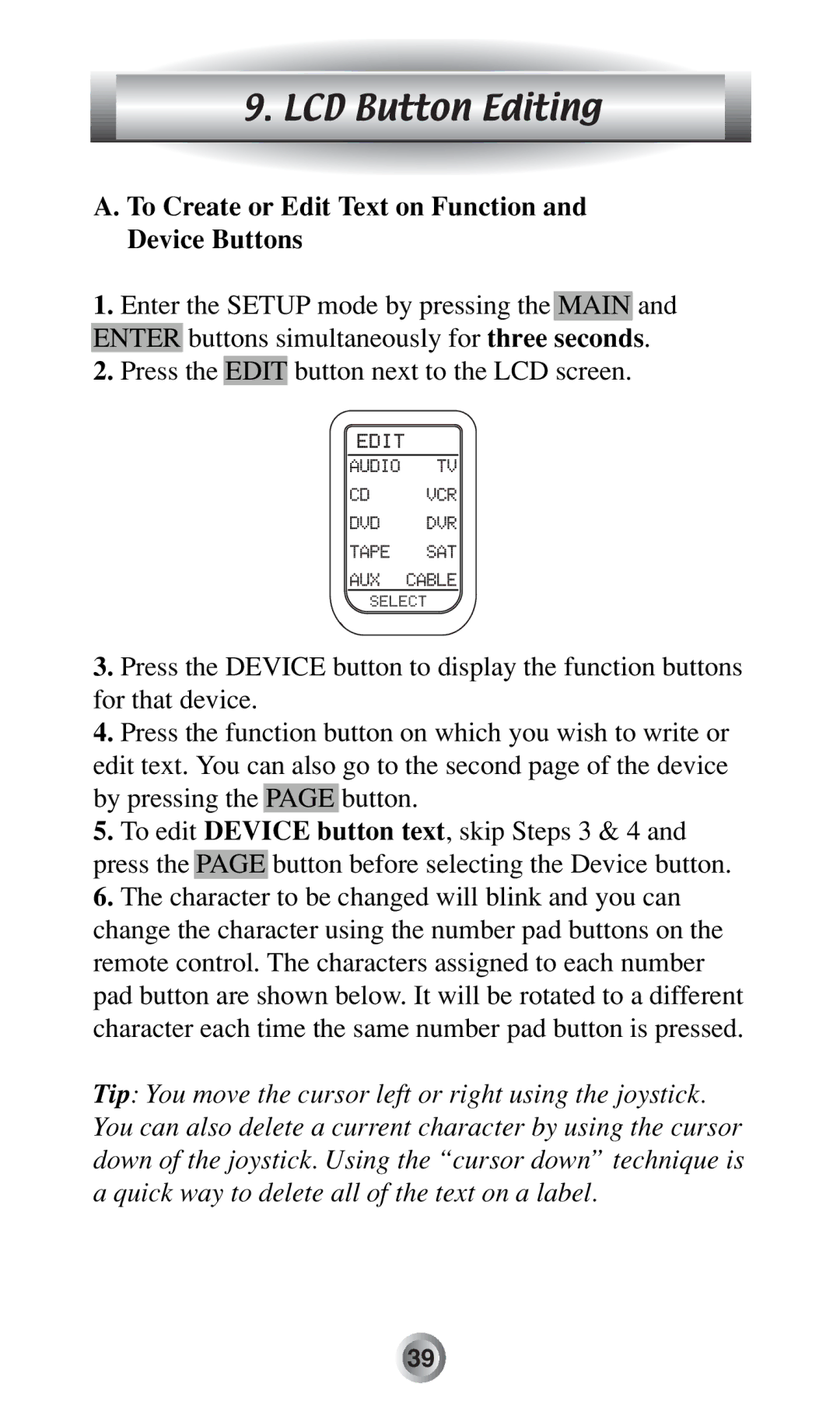 Radio Shack MX-500TM manual LCD Button Editing, To Create or Edit Text on Function and Device Buttons 