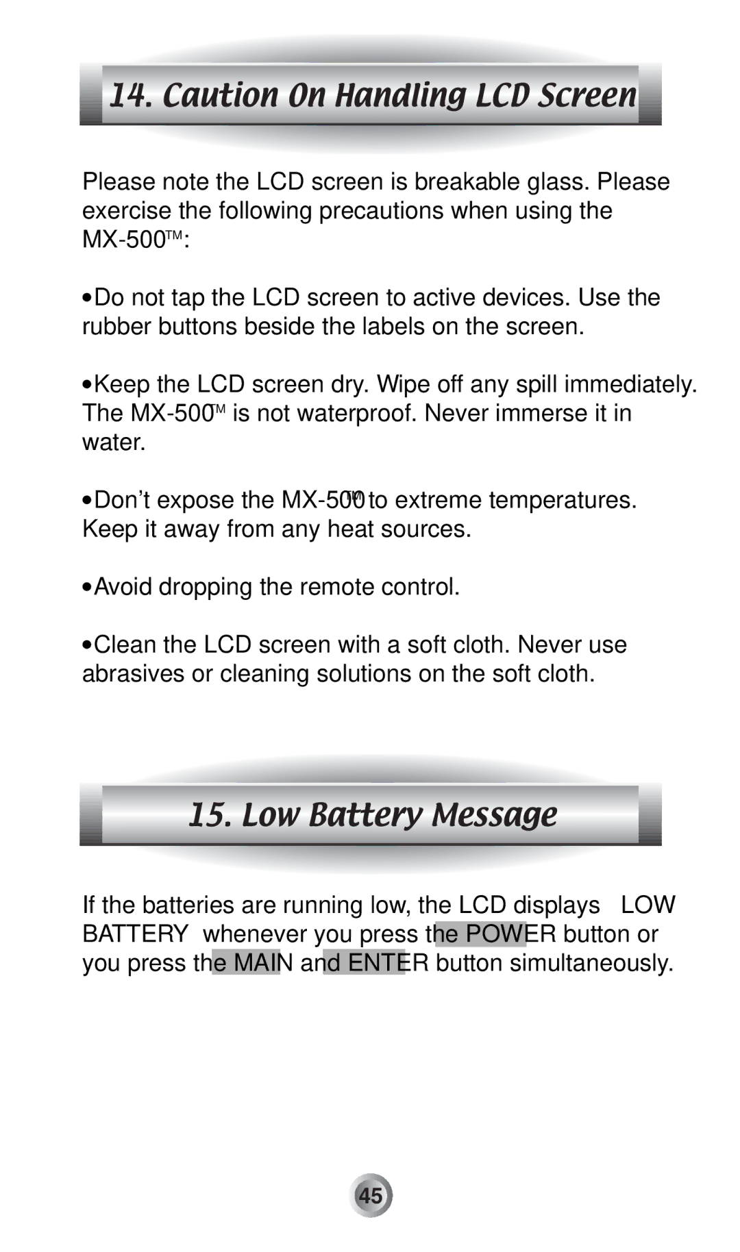 Radio Shack MX-500TM manual Low Battery Message 