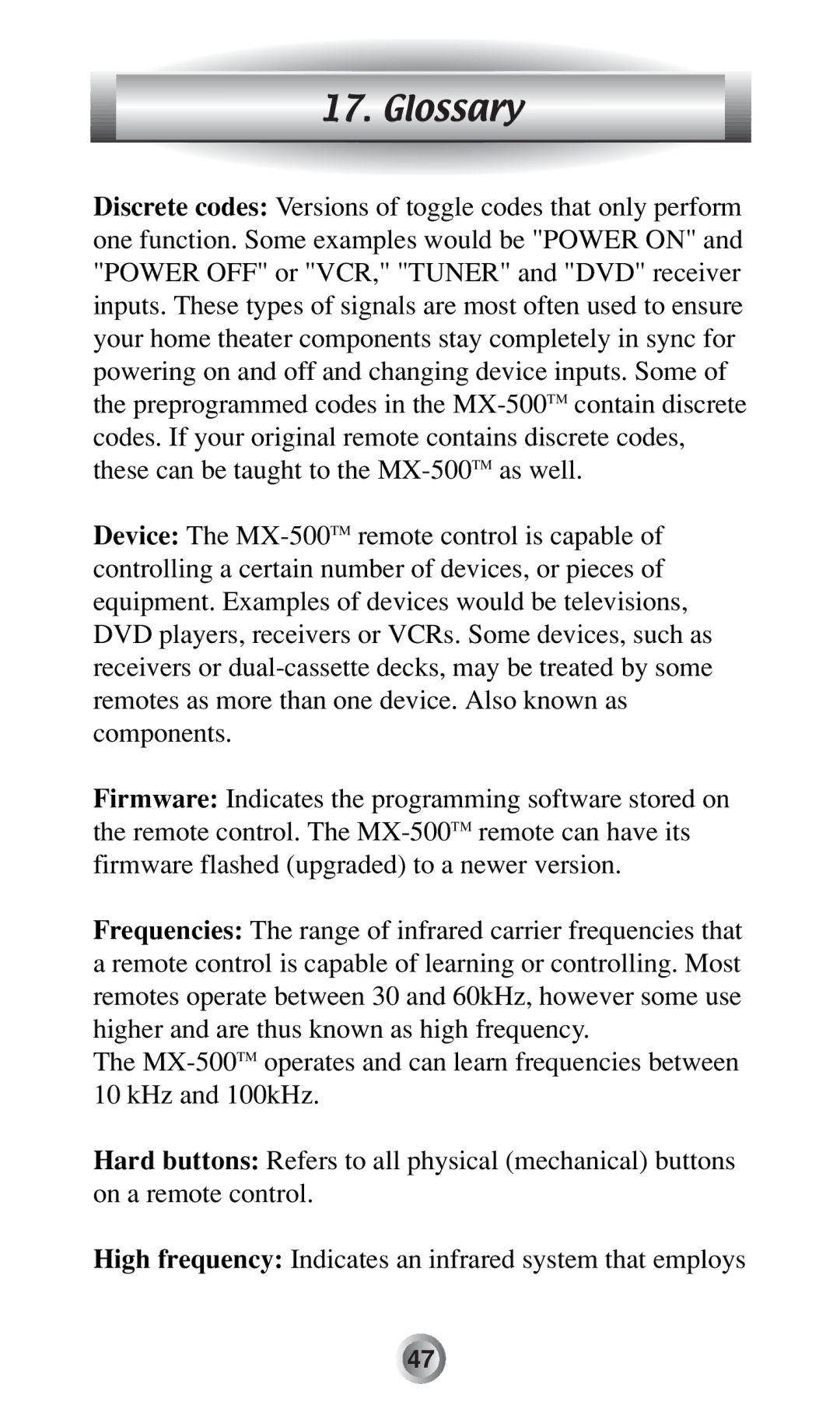 Radio Shack MX-500TM manual Glossary 