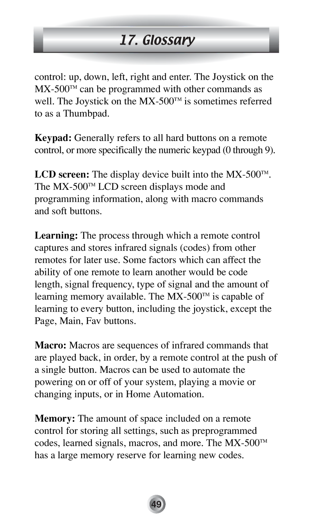 Radio Shack MX-500TM manual Glossary 