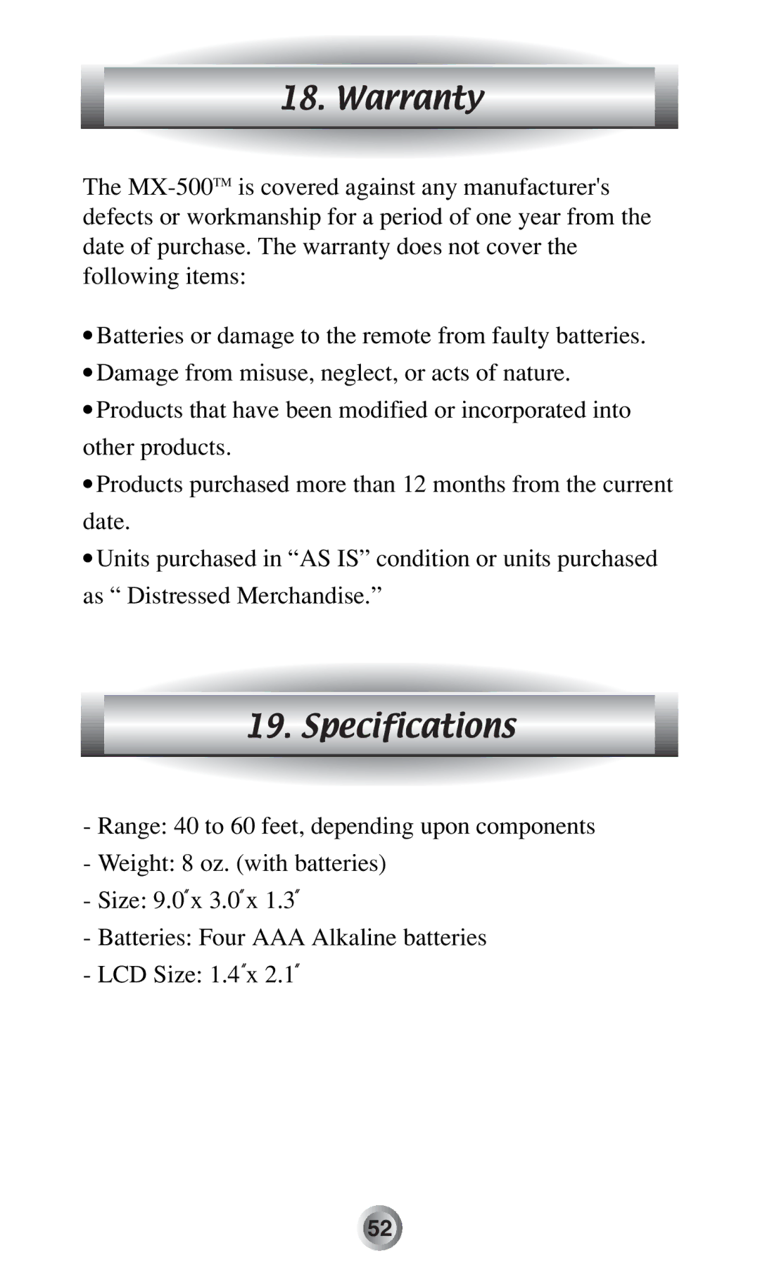 Radio Shack MX-500TM manual Warranty, Specifications 