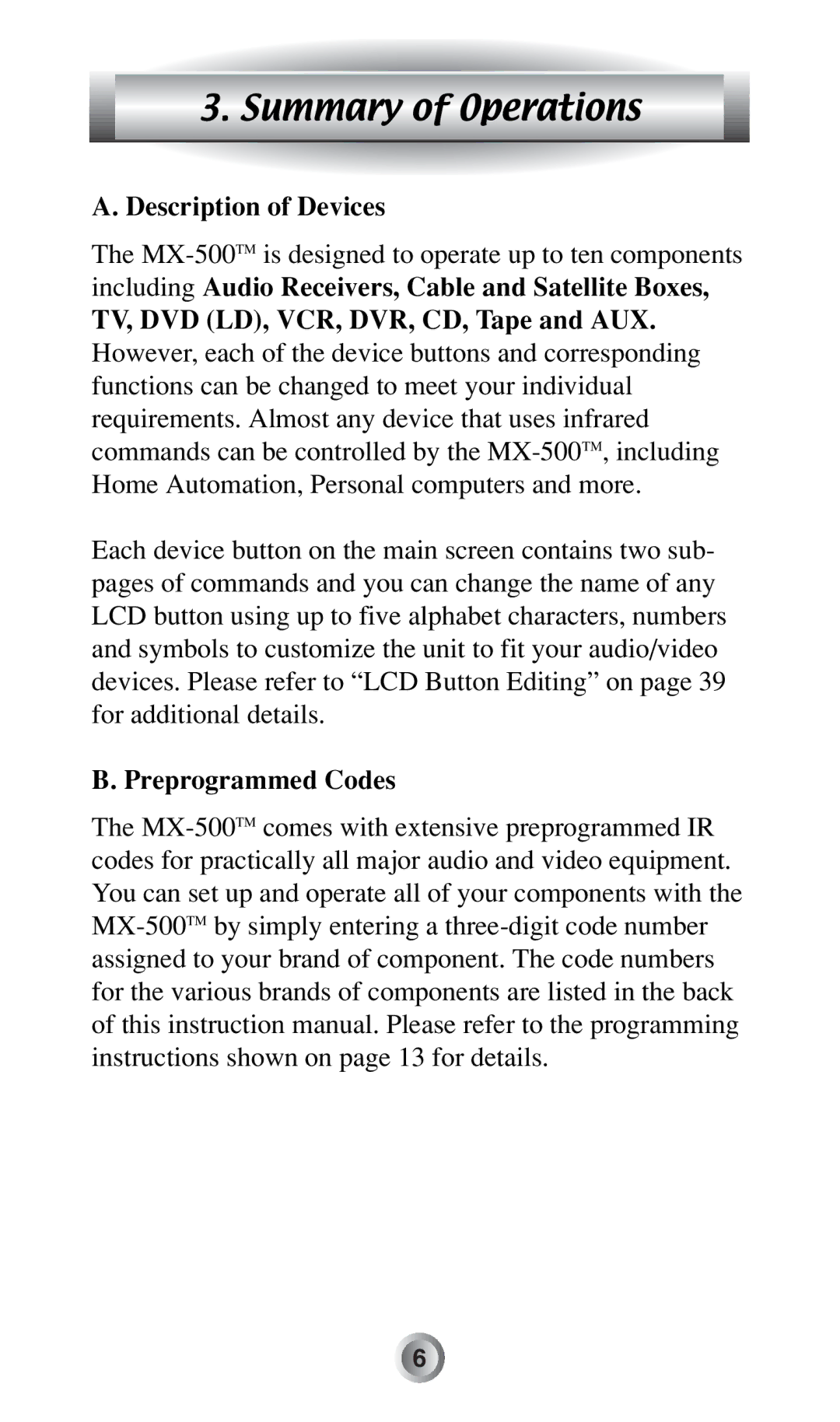 Radio Shack MX-500TM manual Summary of Operations, Description of Devices, Preprogrammed Codes 