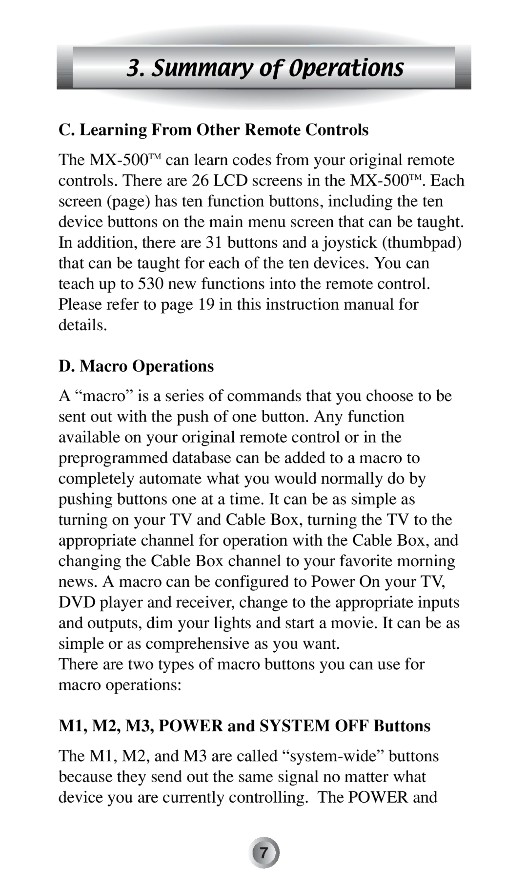 Radio Shack MX-500TM manual Learning From Other Remote Controls Macro Operations, M1, M2, M3, Power and System OFF Buttons 