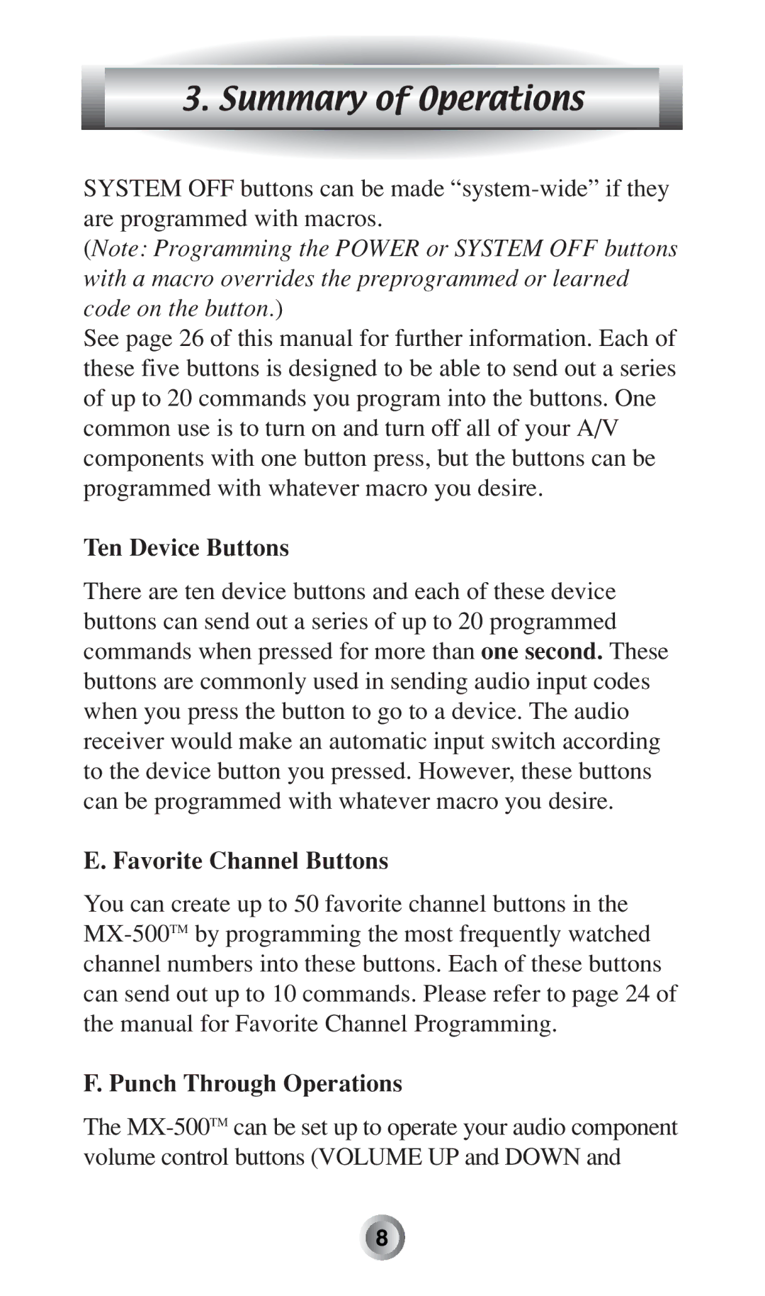 Radio Shack MX-500TM manual Ten Device Buttons, Favorite Channel Buttons, Punch Through Operations 