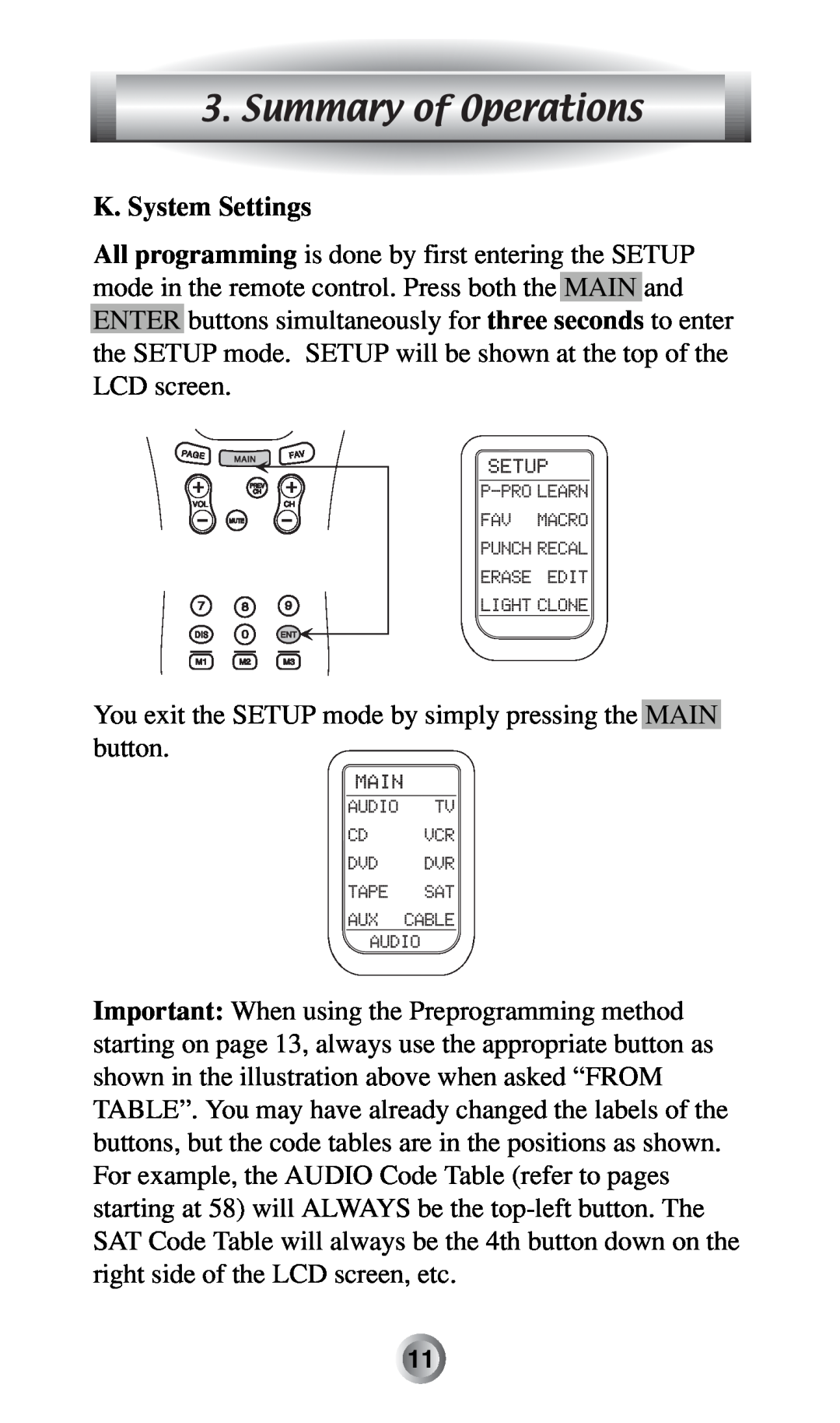 Radio Shack MX-500TM manual Summary of Operations, K. System Settings 
