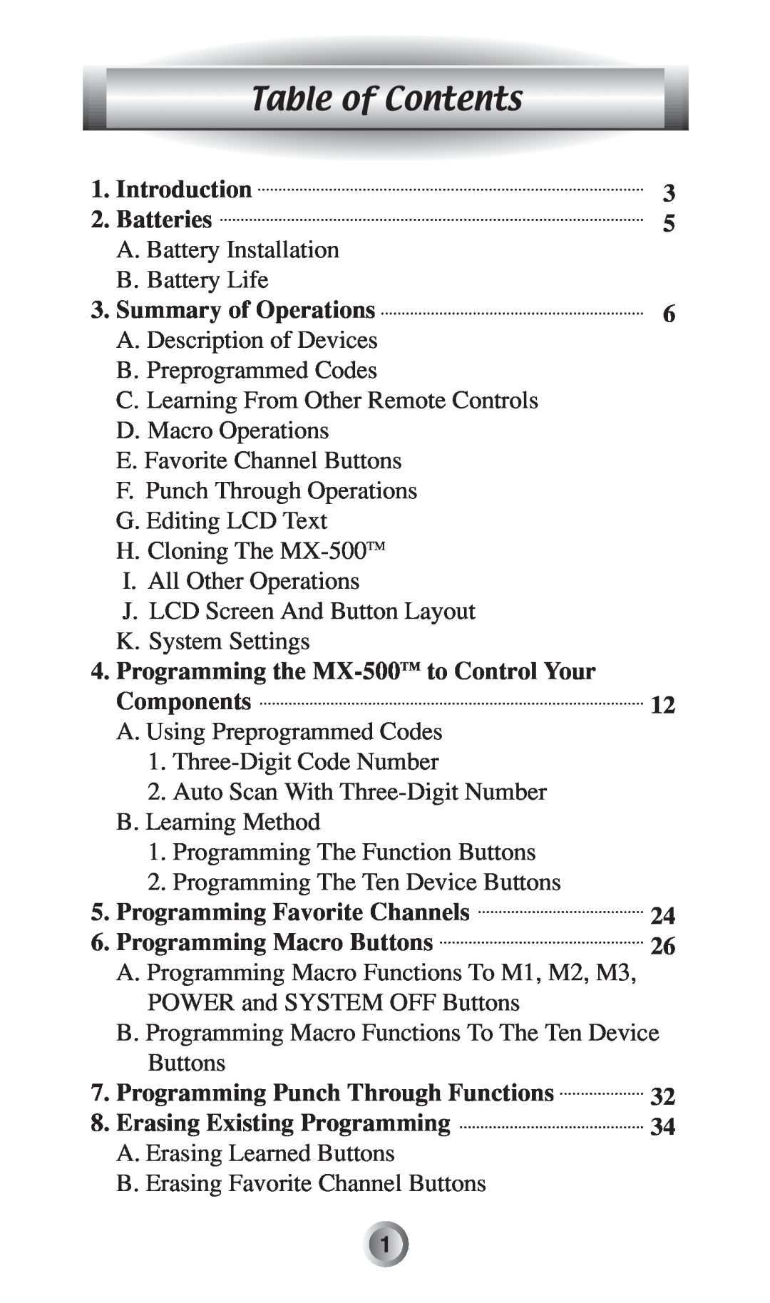 Radio Shack MX-500TM manual Table of Contents 