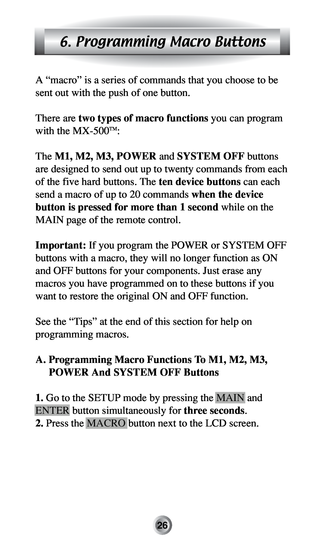 Radio Shack MX-500TM manual Programming Macro Buttons 