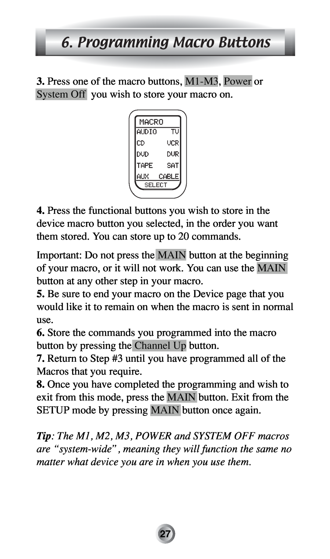 Radio Shack MX-500TM manual Programming Macro Buttons 