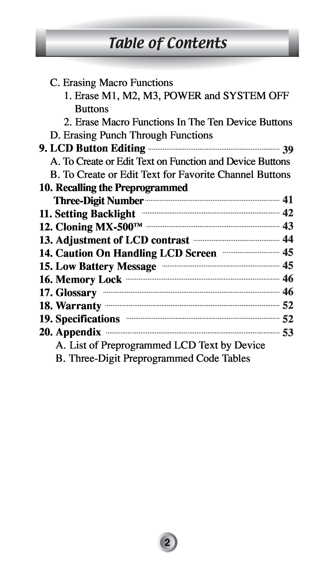 Radio Shack MX-500TM manual Table of Contents, Recalling the Preprogrammed 