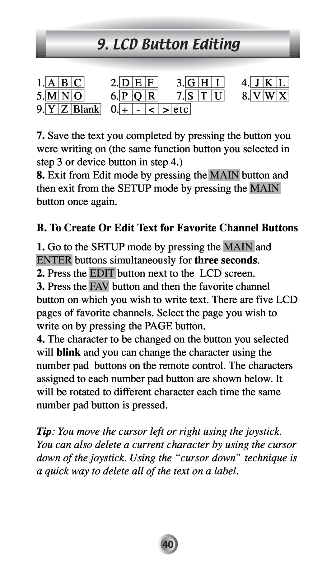 Radio Shack MX-500TM manual LCD Button Editing, B. To Create Or Edit Text for Favorite Channel Buttons 