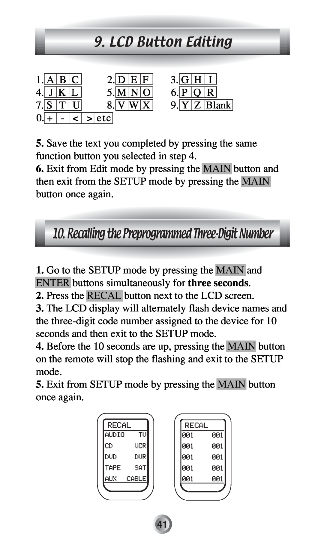 Radio Shack MX-500TM manual Recalling the Preprogrammed Three-Digit Number, LCD Button Editing 