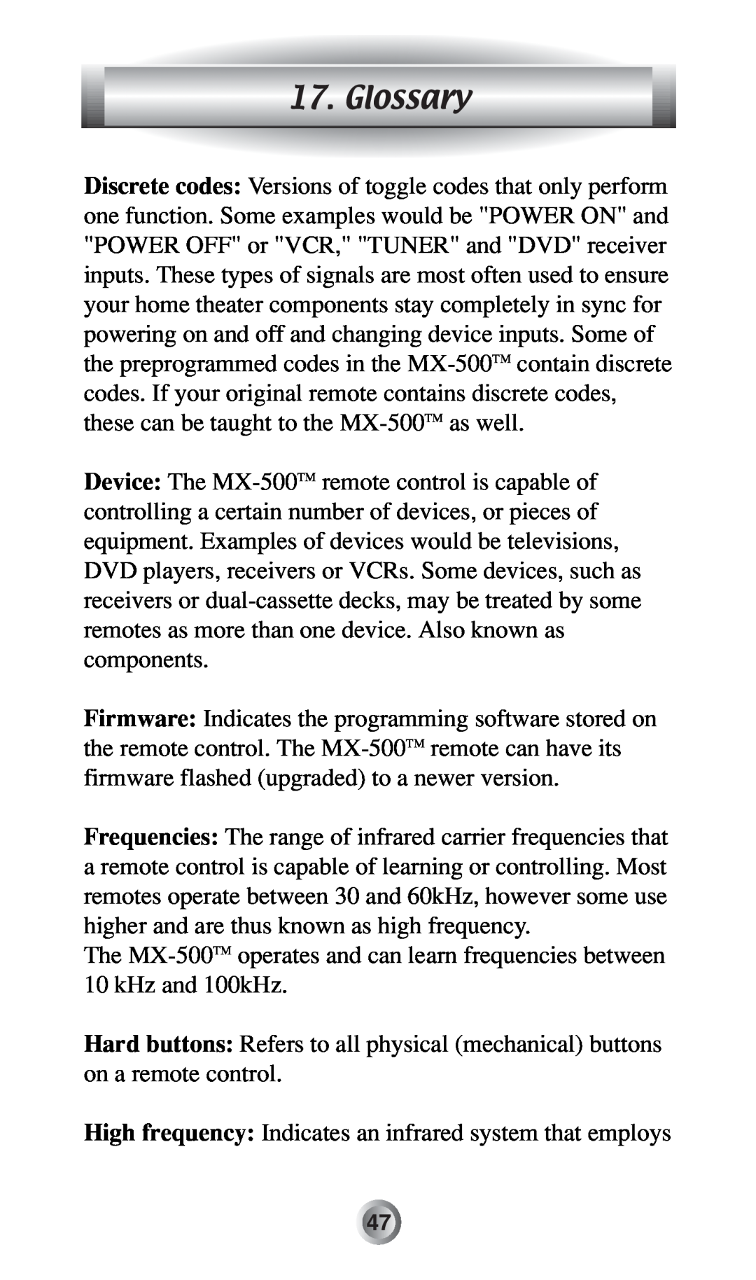Radio Shack MX-500TM manual Glossary, High frequency Indicates an infrared system that employs 