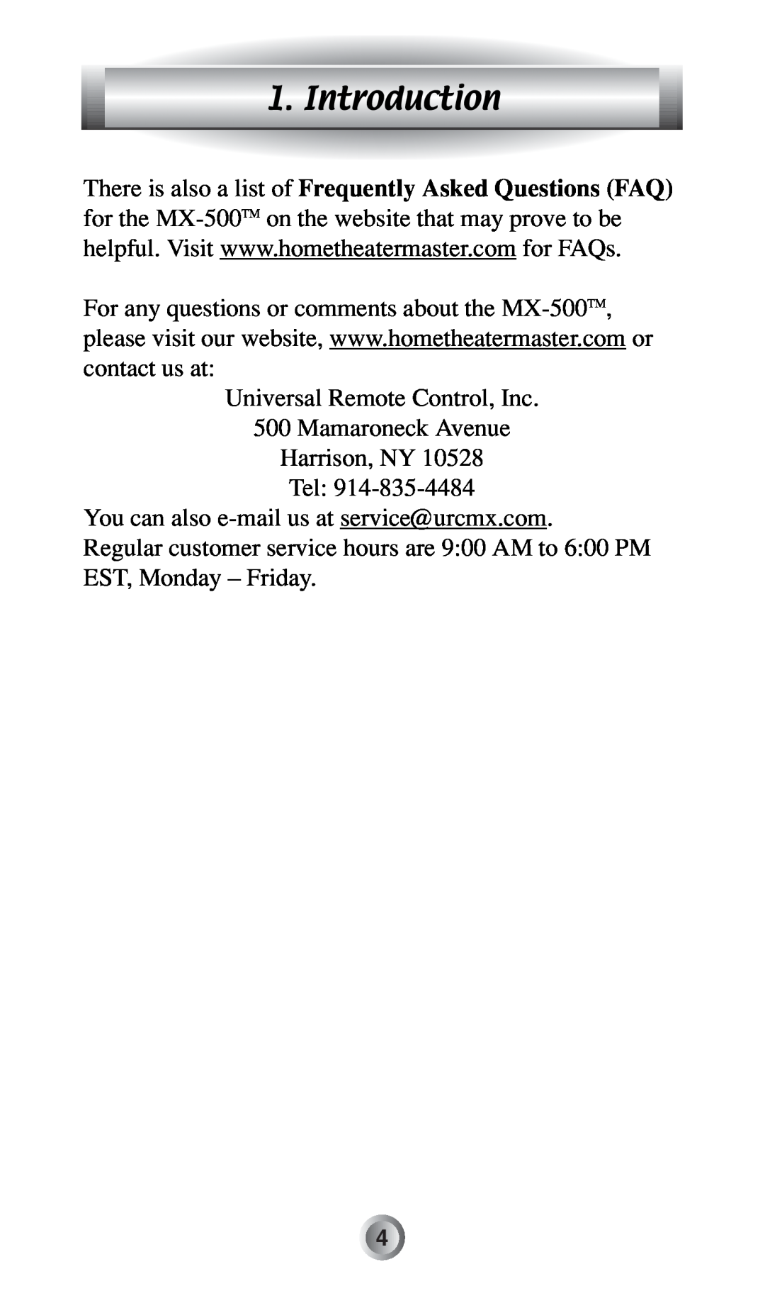 Radio Shack MX-500TM manual Introduction, Universal Remote Control, Inc 500 Mamaroneck Avenue Harrison, NY Tel 