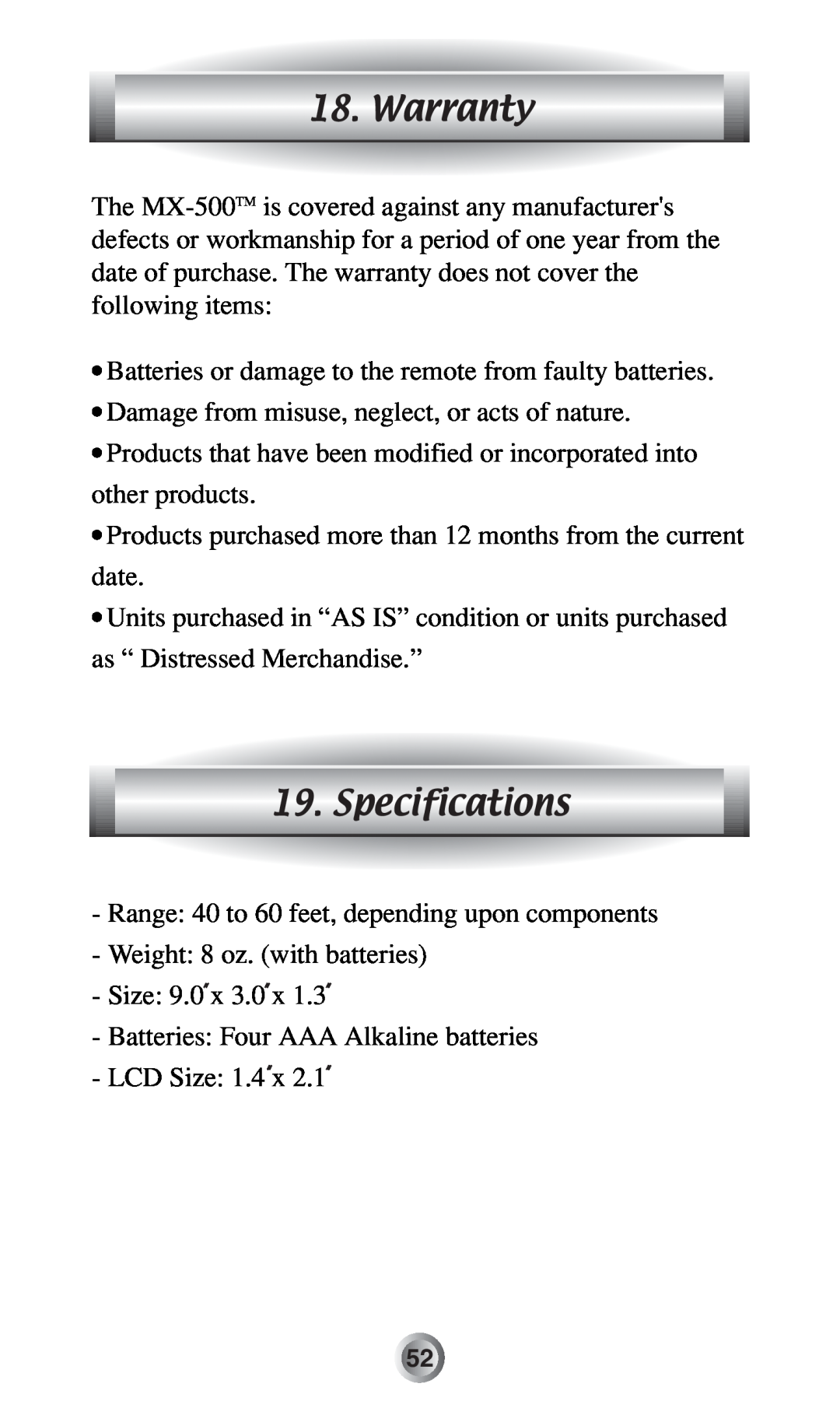 Radio Shack MX-500TM manual Warranty, Specifications 