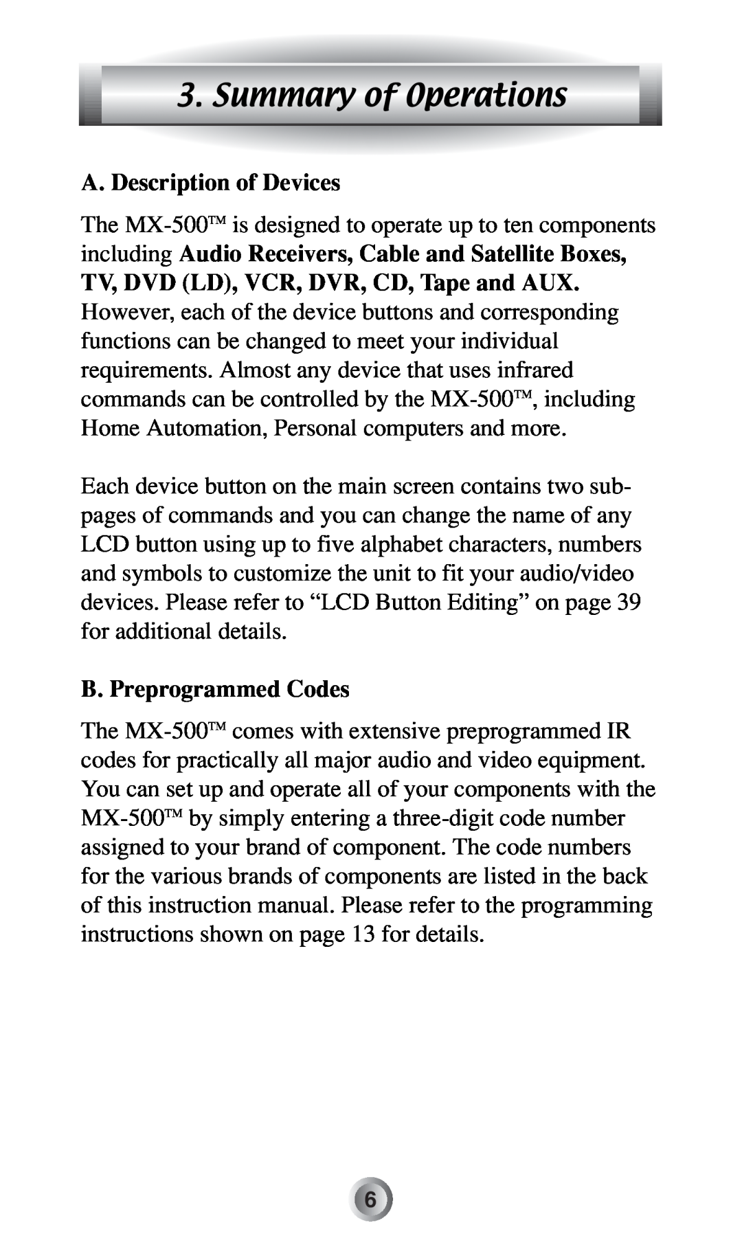 Radio Shack MX-500TM manual Summary of Operations, A. Description of Devices, TV, DVD LD, VCR, DVR, CD, Tape and AUX 