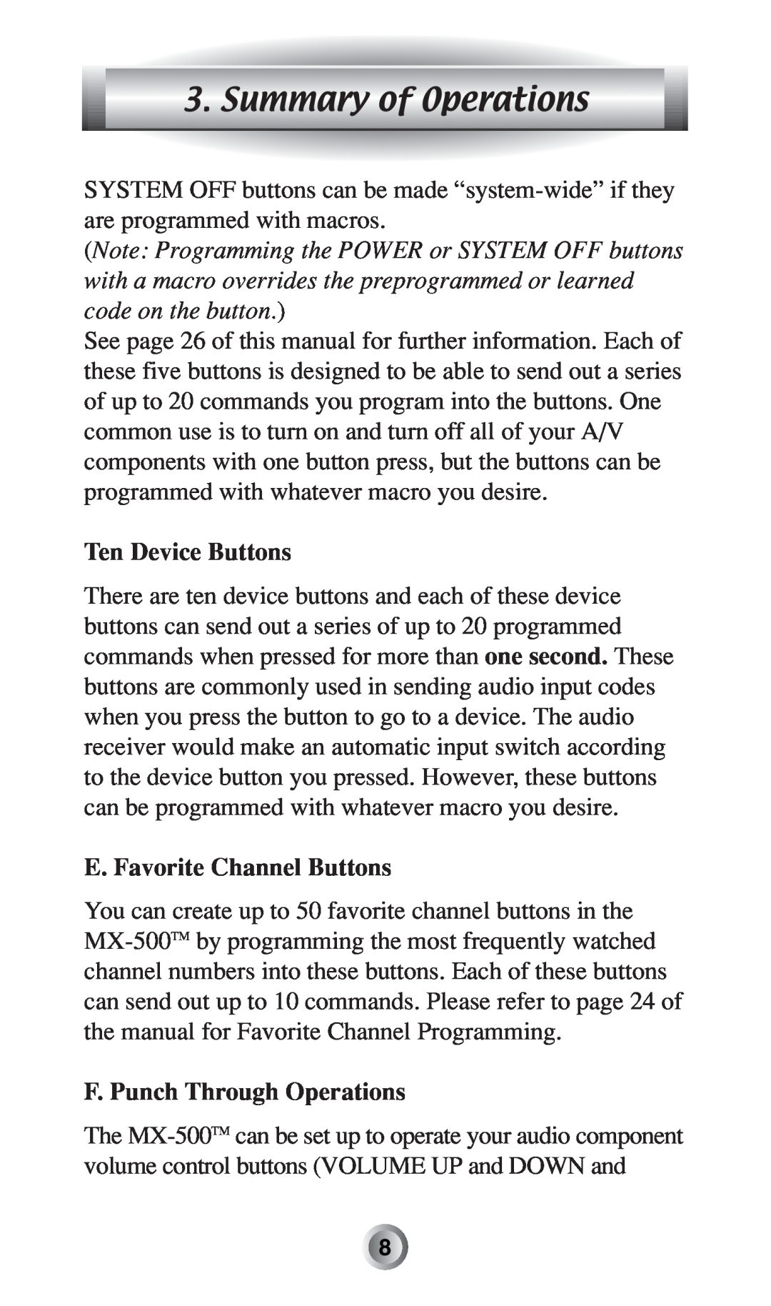 Radio Shack MX-500TM Summary of Operations, Ten Device Buttons, E. Favorite Channel Buttons, F. Punch Through Operations 