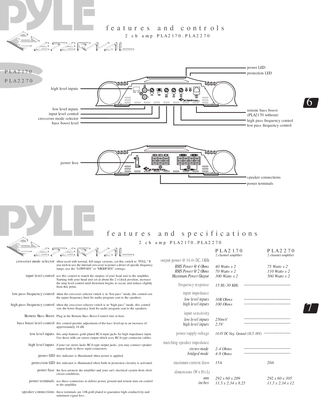 Radio Shack P L A 2 1 7 0 A t u r e s a n d c o n t r o l s, D Specification s, H a m p P L a 2 1 7 0 . P L a 2 2 7 