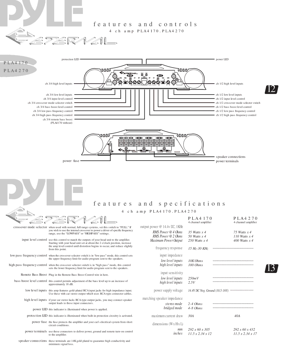 Radio Shack P L A 2 1 7 0 warranty H a m p P L a 4 1 7 0 . P L a 4 2 7, Ch 1/2 high level inputs 