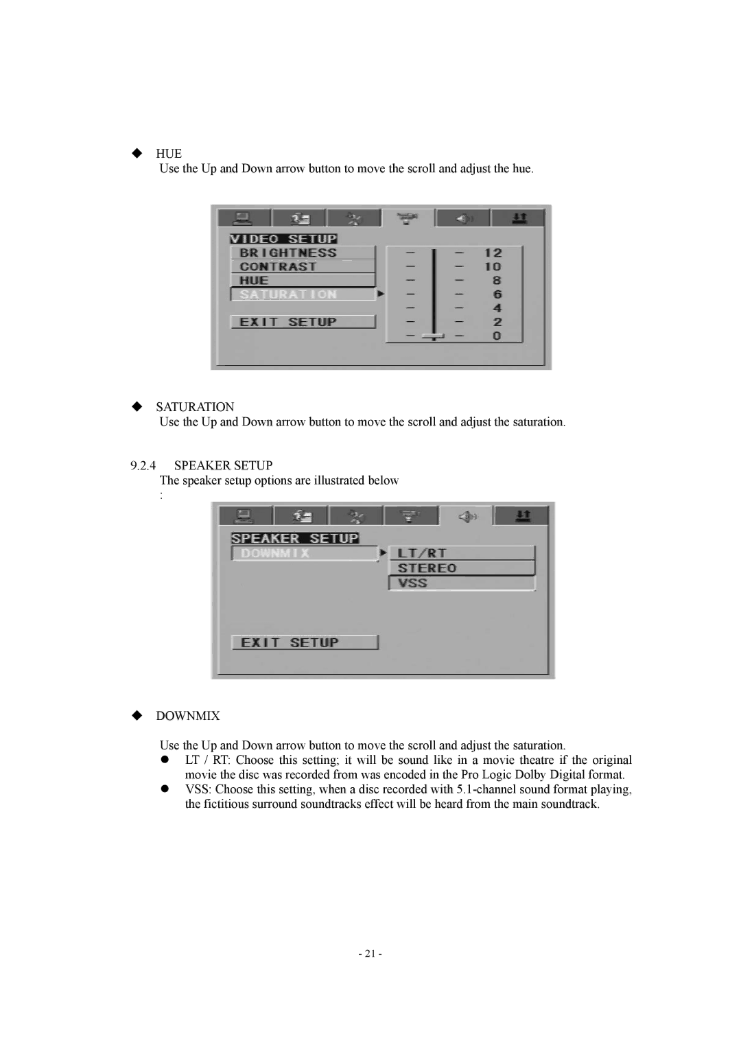 Radio Shack P20LCDD manual ‹ Hue, ‹ Saturation, Speaker Setup, ‹ Downmix 