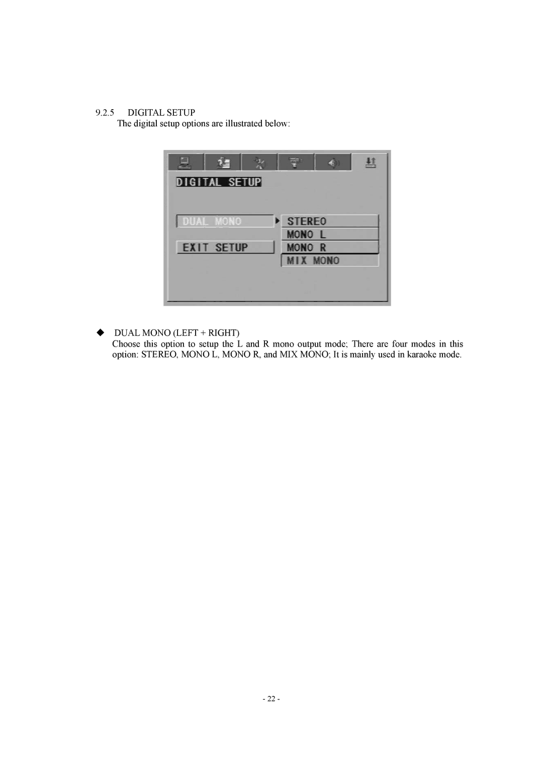 Radio Shack P20LCDD manual Digital Setup, ‹ Dual Mono Left + Right 